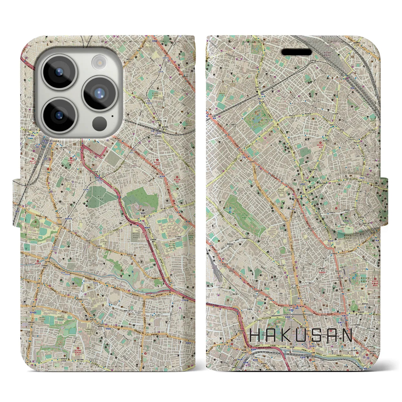 【白山(東京都)】地図柄iPhoneケース(手帳タイプ)ナチュラル・iPhone 15 Pro 用