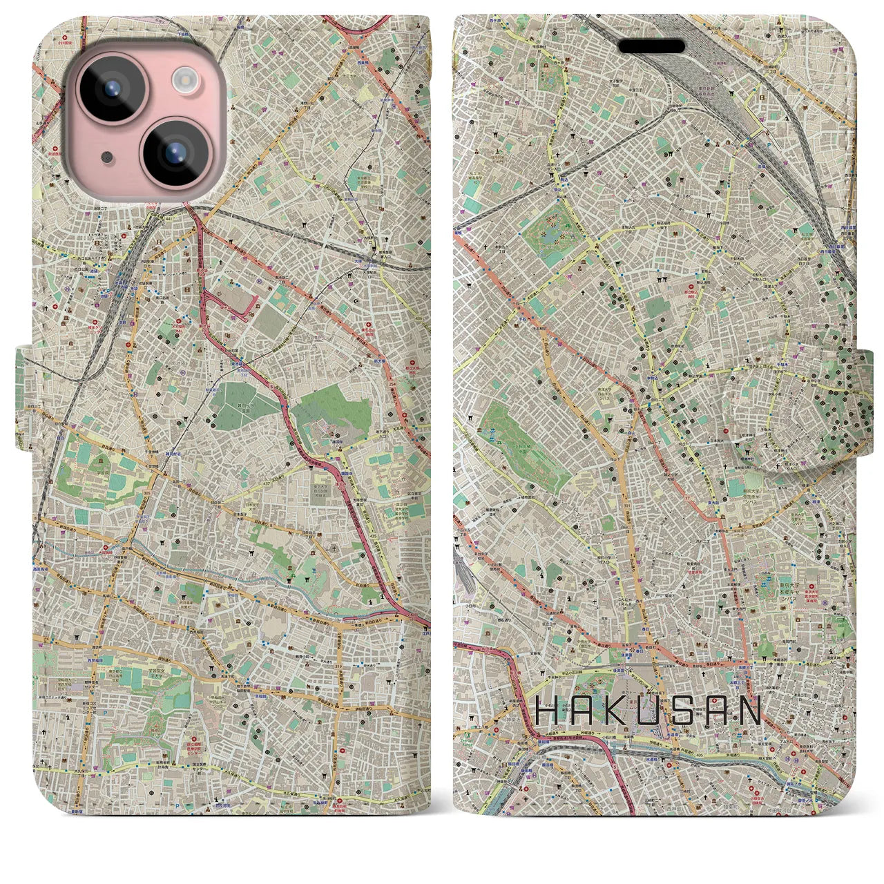 【白山(東京都)】地図柄iPhoneケース(手帳タイプ)ナチュラル・iPhone 15 Plus 用