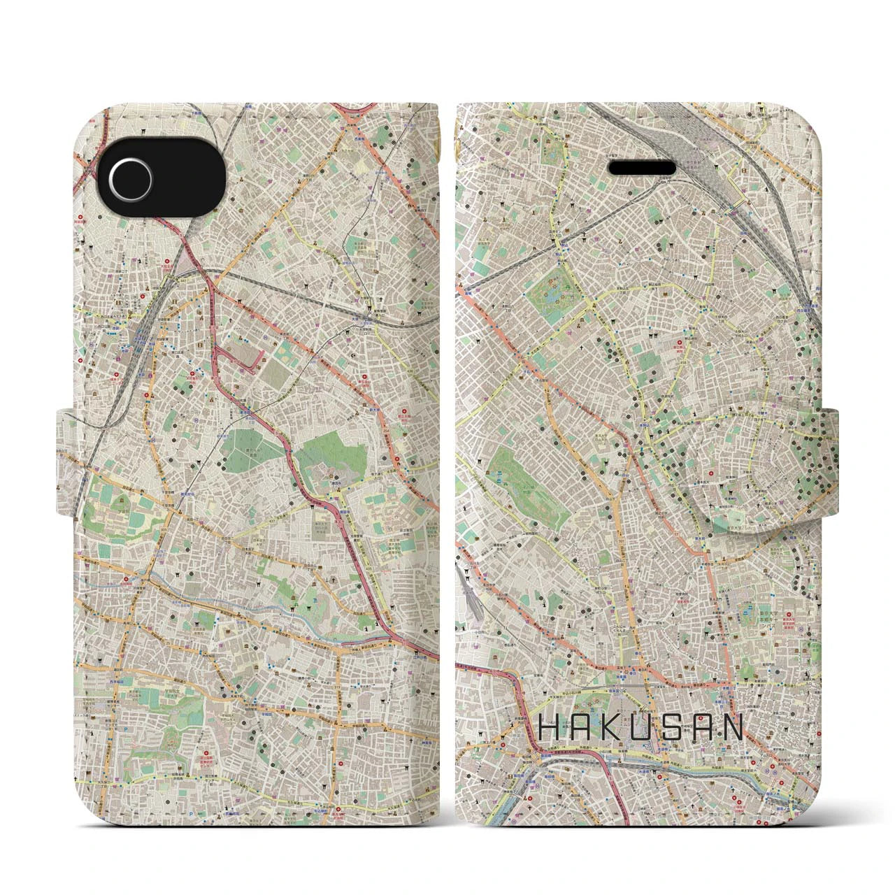 【白山(東京都)】地図柄iPhoneケース(手帳タイプ)ナチュラル・iPhone SE(第3 / 第2世代) / 8 / 7 / 6s / 6 用