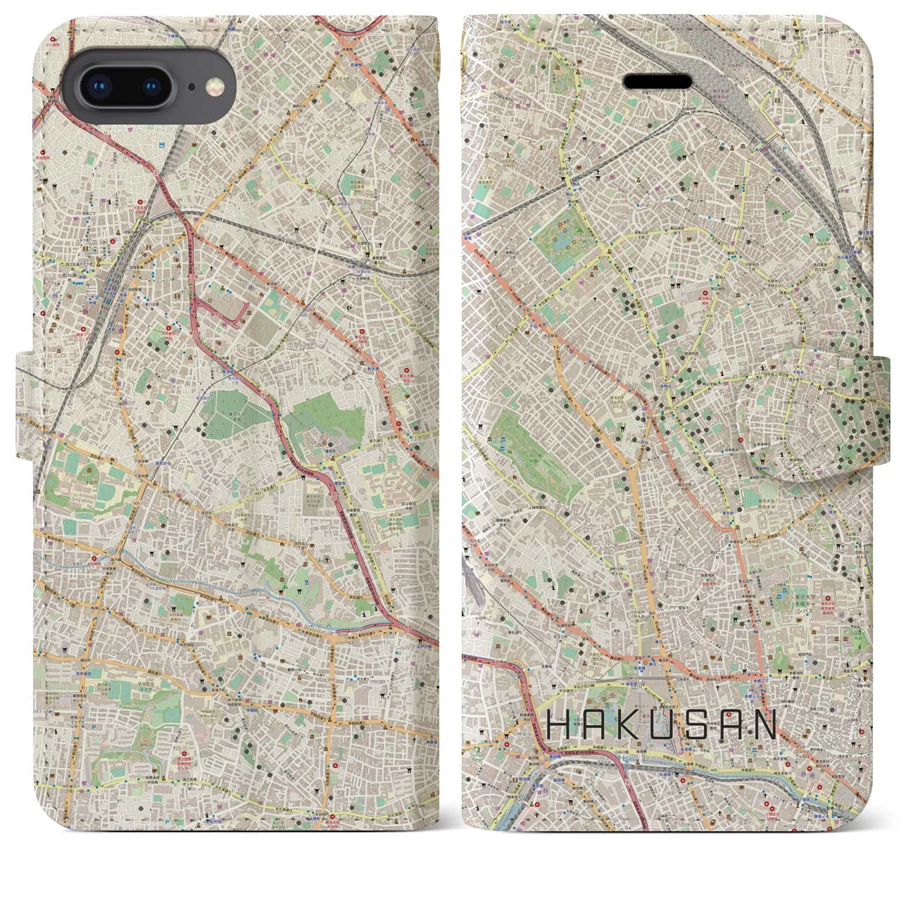 【白山(東京都)】地図柄iPhoneケース(手帳タイプ)ナチュラル・iPhone 8Plus /7Plus / 6sPlus / 6Plus 用