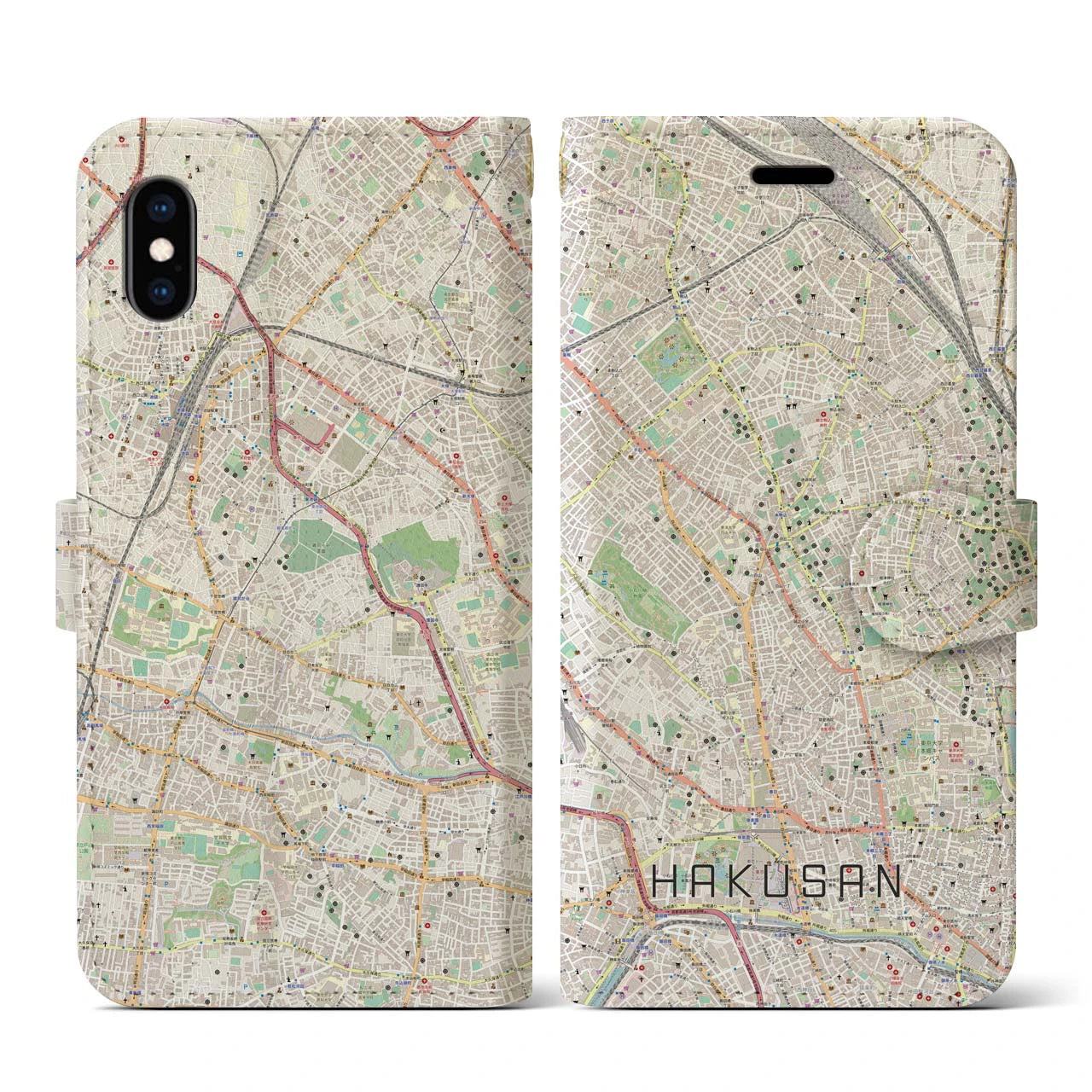 【白山(東京都)】地図柄iPhoneケース(手帳タイプ)ナチュラル・iPhone XS / X 用