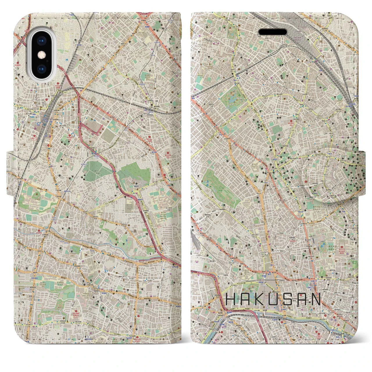 【白山(東京都)】地図柄iPhoneケース(手帳タイプ)ナチュラル・iPhone XS Max 用