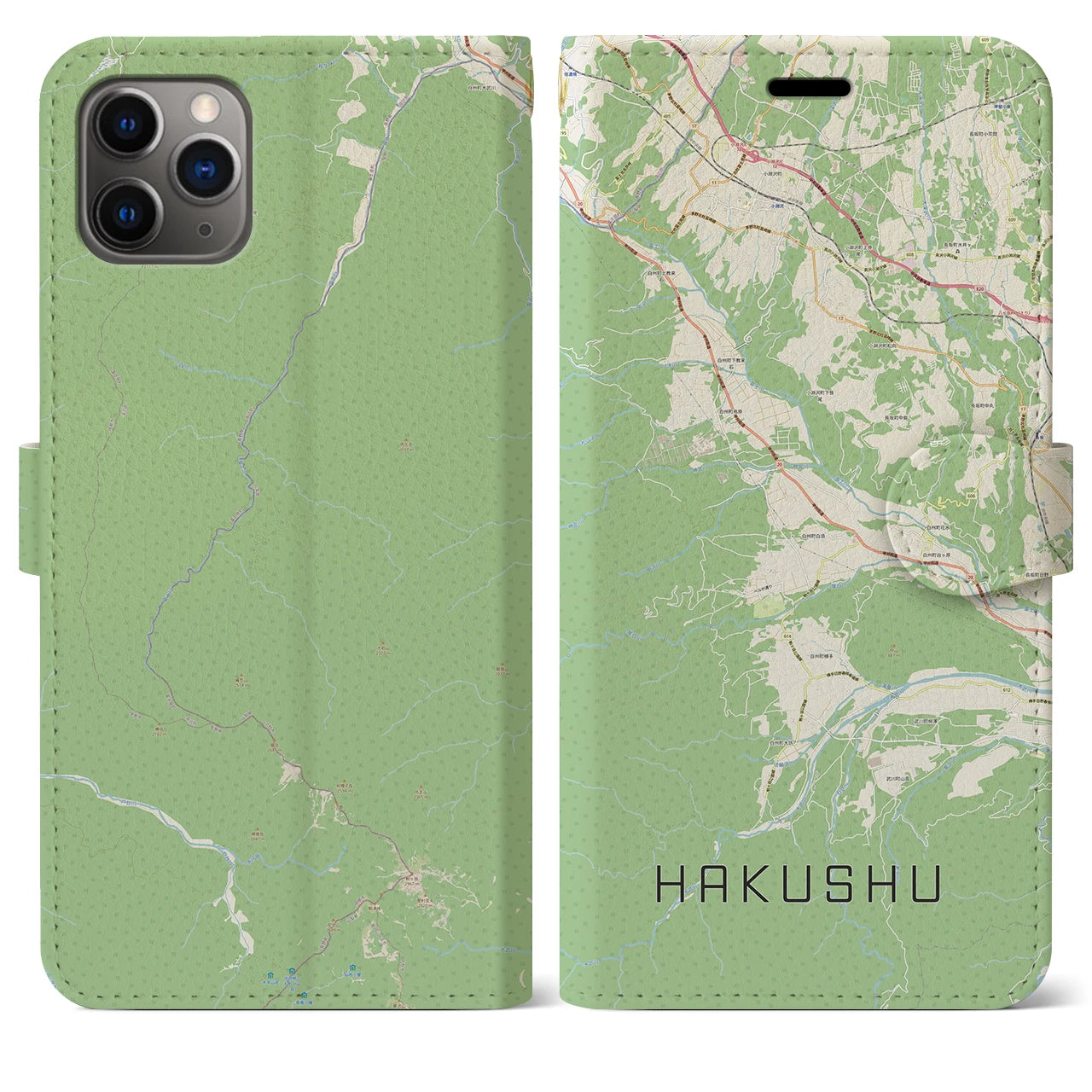 【白州(山梨県)】地図柄iPhoneケース(手帳タイプ)ナチュラル・iPhone 11 Pro Max 用