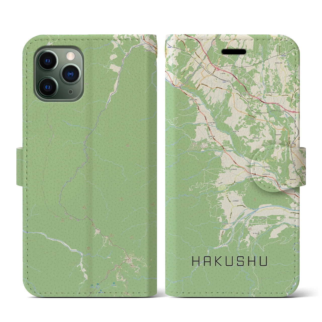 【白州(山梨県)】地図柄iPhoneケース(手帳タイプ)ナチュラル・iPhone 11 Pro 用