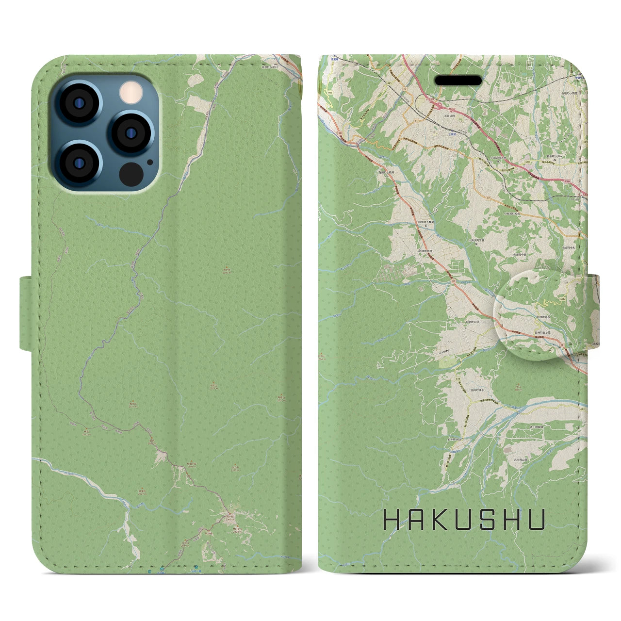 【白州(山梨県)】地図柄iPhoneケース(手帳タイプ)ナチュラル・iPhone 12 / 12 Pro 用