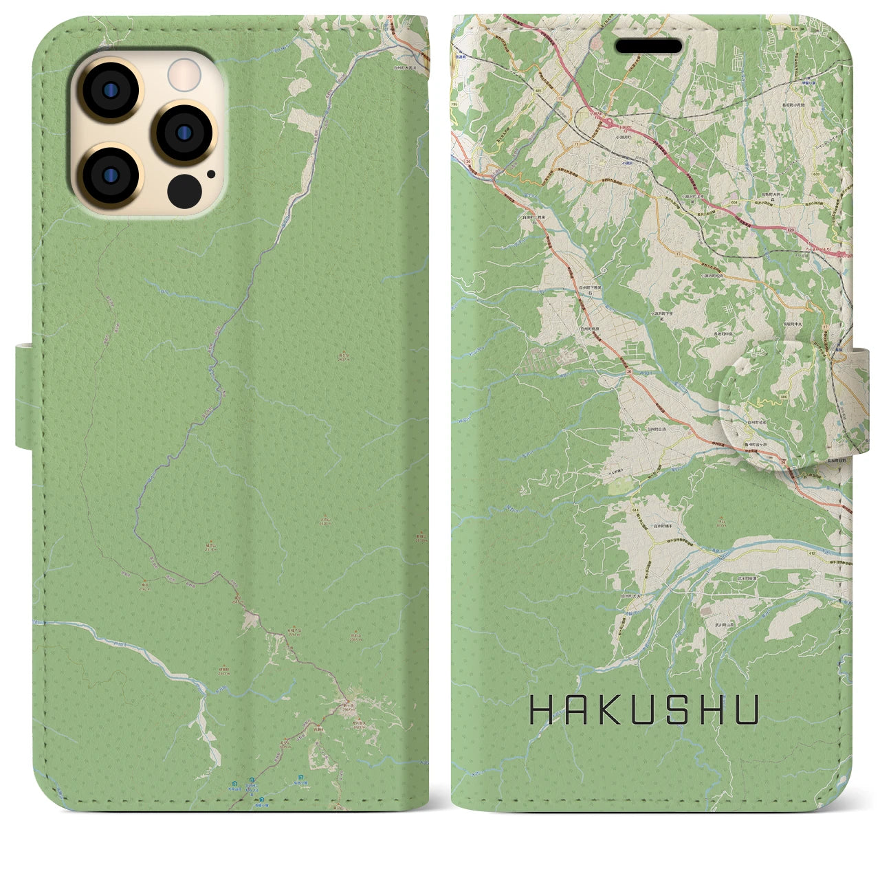 【白州(山梨県)】地図柄iPhoneケース(手帳タイプ)ナチュラル・iPhone 12 Pro Max 用
