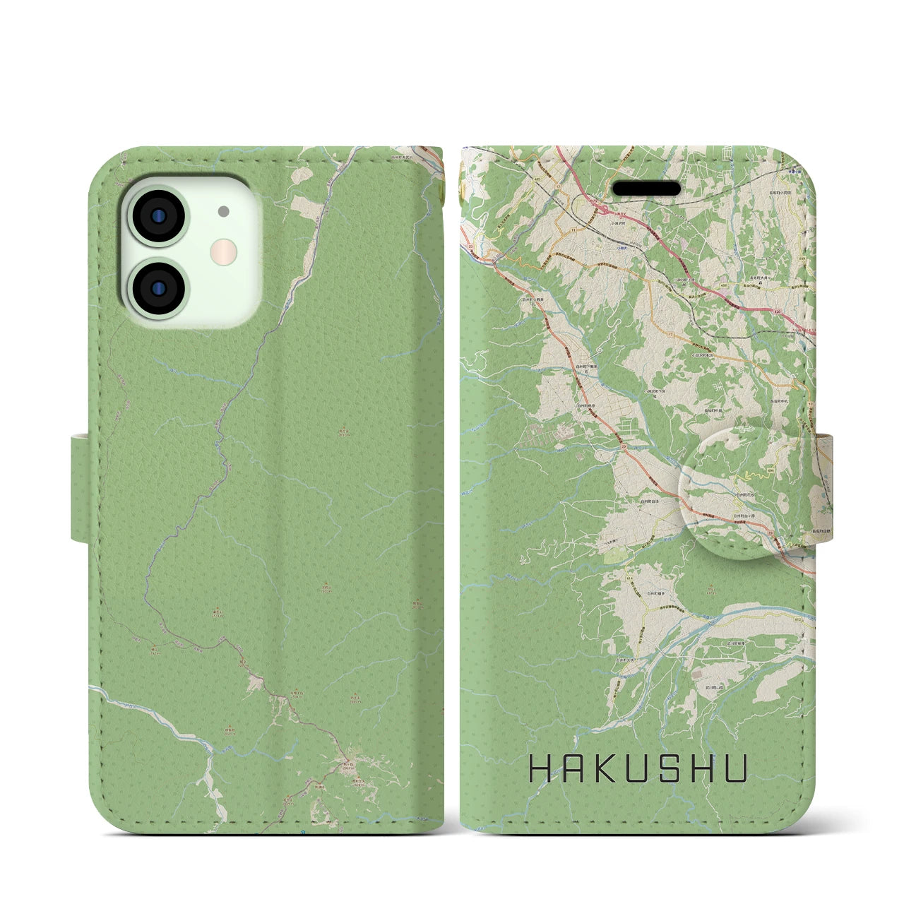 【白州(山梨県)】地図柄iPhoneケース(手帳タイプ)ナチュラル・iPhone 12 mini 用