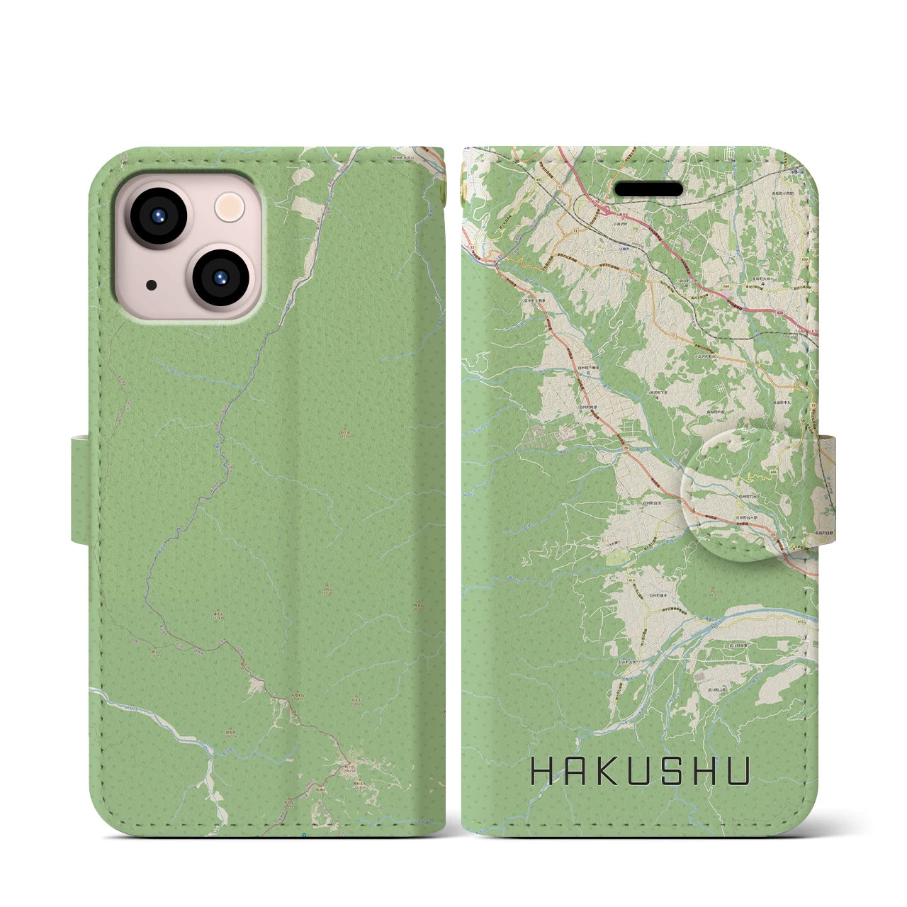 【白州(山梨県)】地図柄iPhoneケース(手帳タイプ)ナチュラル・iPhone 13 mini 用