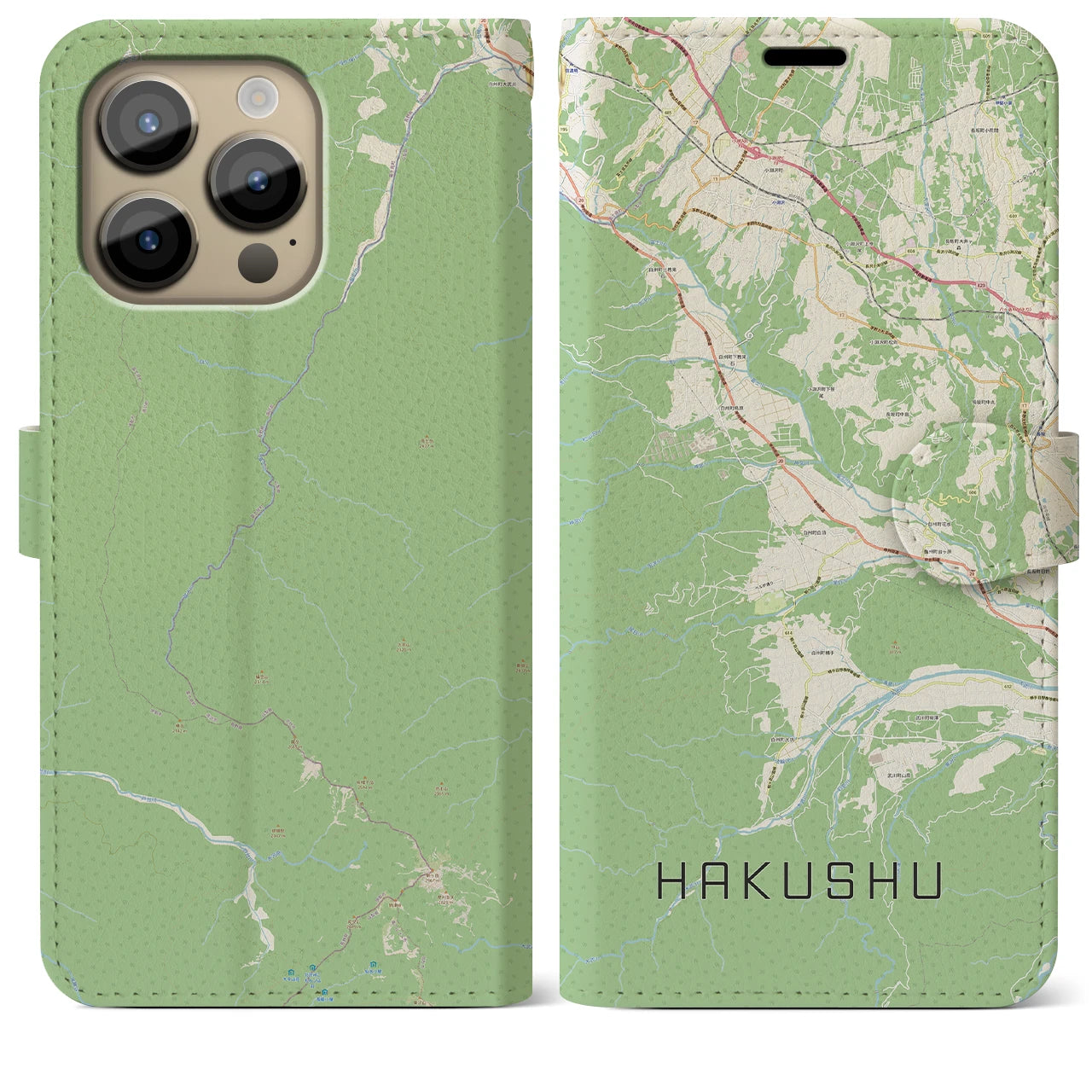 【白州(山梨県)】地図柄iPhoneケース(手帳タイプ)ナチュラル・iPhone 14 Pro Max 用
