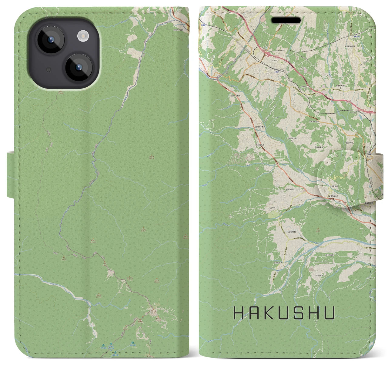【白州(山梨県)】地図柄iPhoneケース(手帳タイプ)ナチュラル・iPhone 14 Plus 用