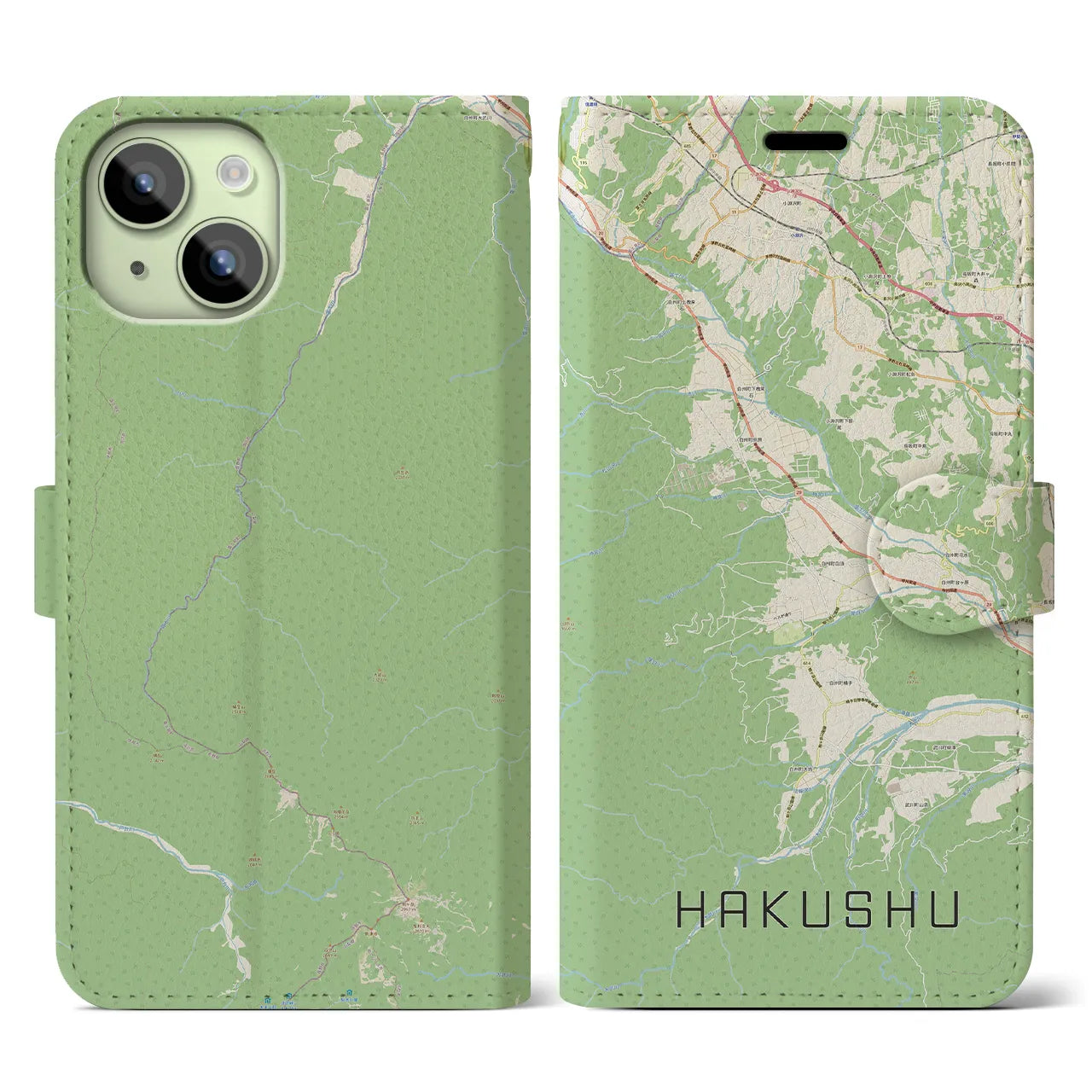【白州(山梨県)】地図柄iPhoneケース(手帳タイプ)ナチュラル・iPhone 15 用