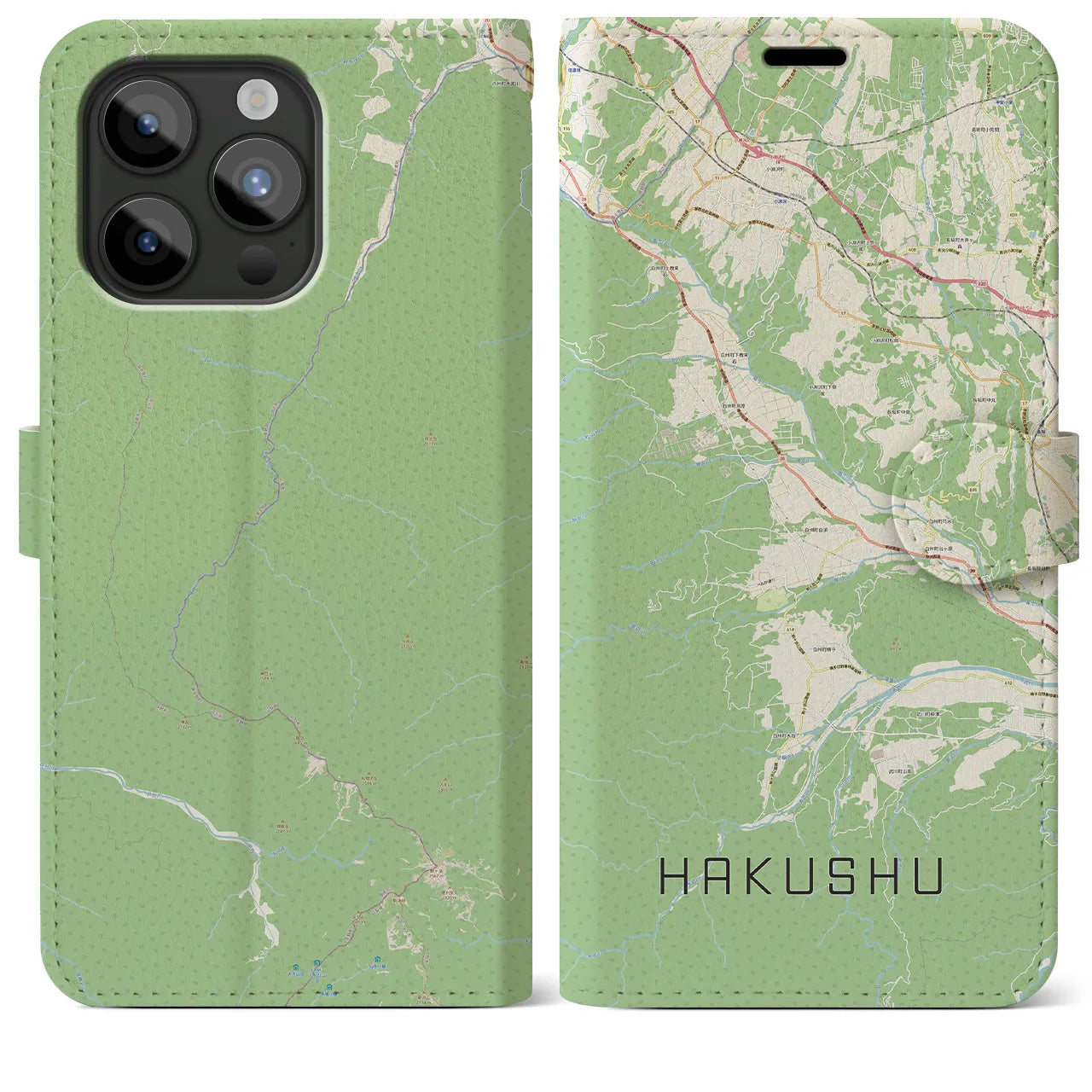 【白州(山梨県)】地図柄iPhoneケース(手帳タイプ)ナチュラル・iPhone 15 Pro Max 用
