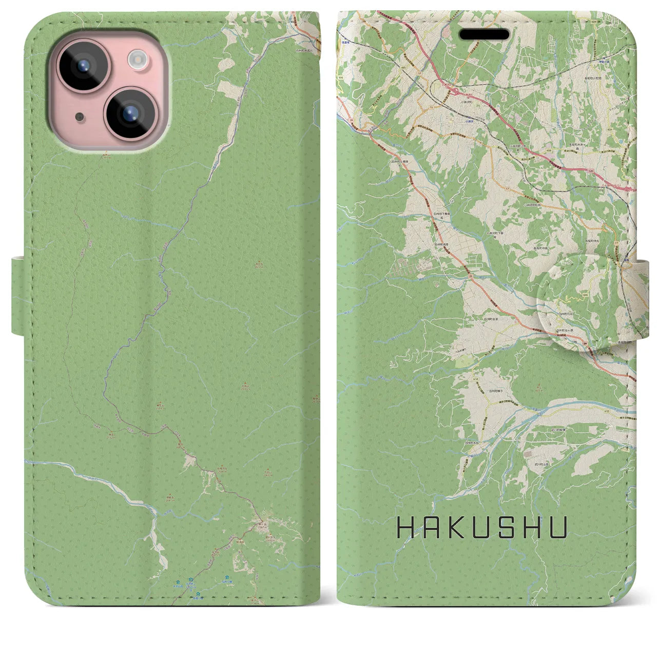【白州(山梨県)】地図柄iPhoneケース(手帳タイプ)ナチュラル・iPhone 15 Plus 用