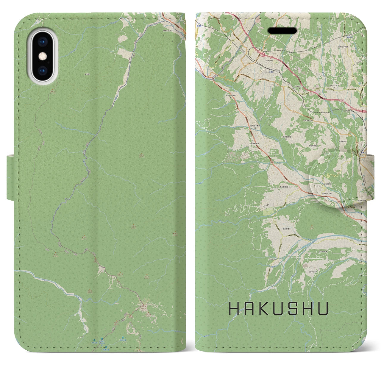 【白州(山梨県)】地図柄iPhoneケース(手帳タイプ)ナチュラル・iPhone XS Max 用