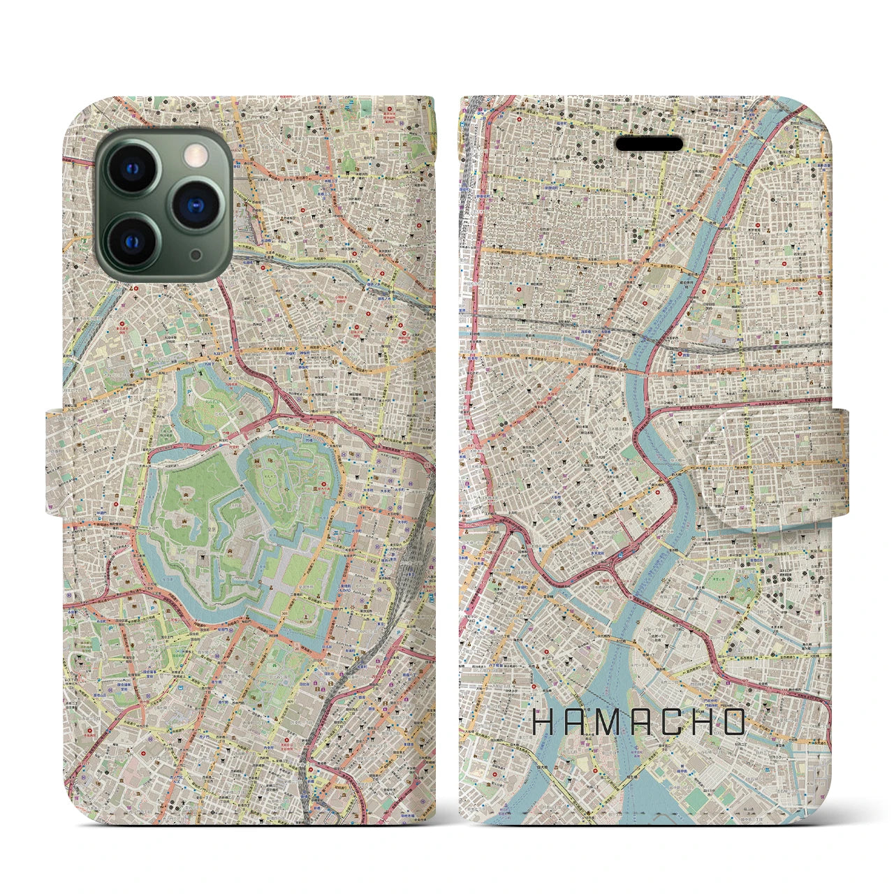 【浜町(東京都)】地図柄iPhoneケース(手帳タイプ)ナチュラル・iPhone 11 Pro 用