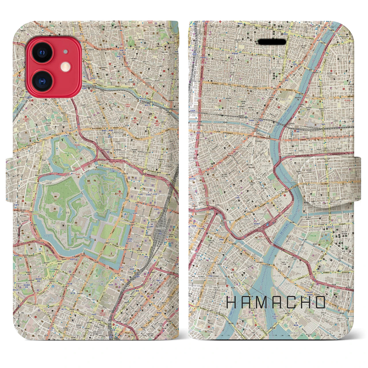 【浜町(東京都)】地図柄iPhoneケース(手帳タイプ)ナチュラル・iPhone 11 用
