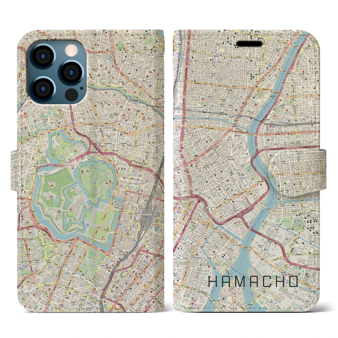 【浜町(東京都)】地図柄iPhoneケース(手帳タイプ)ナチュラル・iPhone 12 / 12 Pro 用