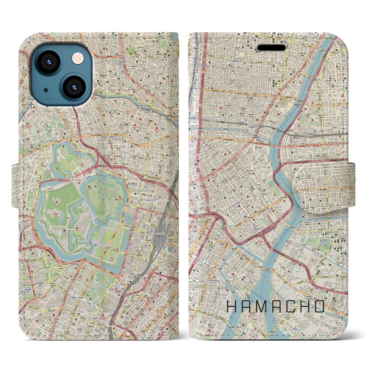【浜町(東京都)】地図柄iPhoneケース(手帳タイプ)ナチュラル・iPhone 13 用