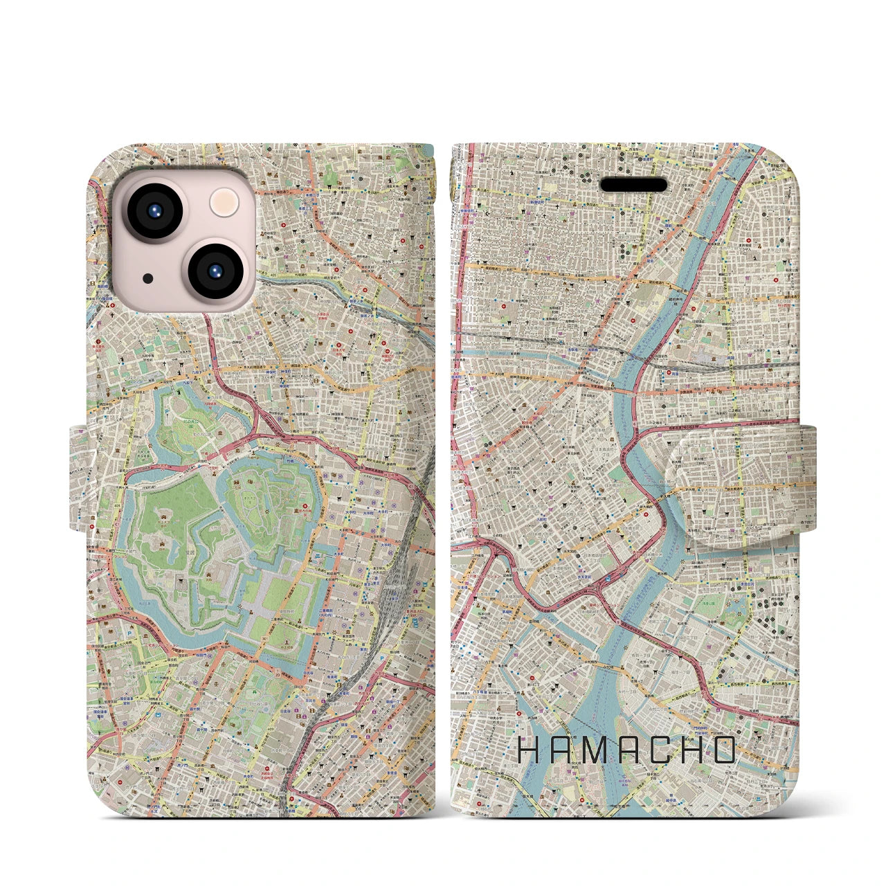 【浜町(東京都)】地図柄iPhoneケース(手帳タイプ)ナチュラル・iPhone 13 mini 用