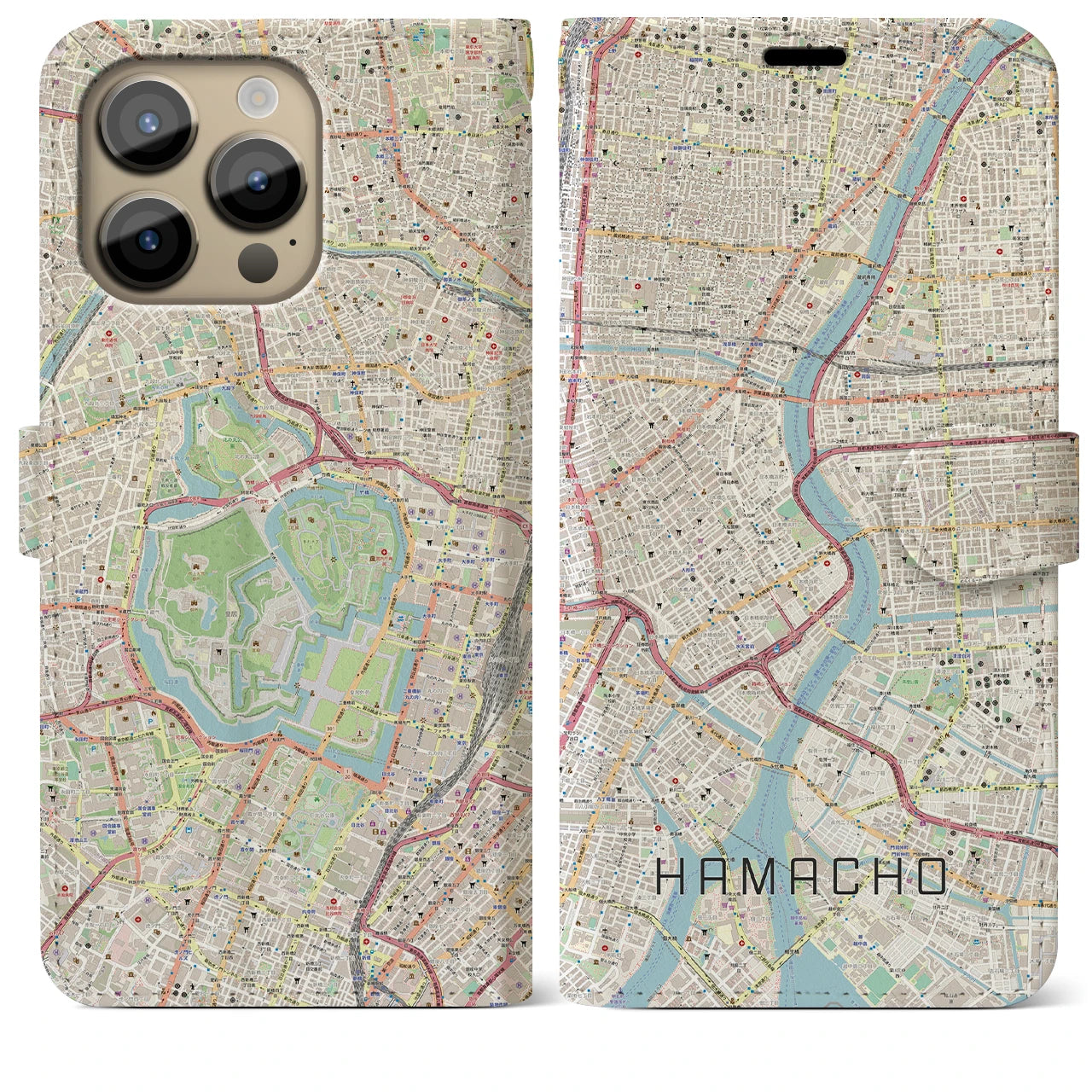 【浜町(東京都)】地図柄iPhoneケース(手帳タイプ)ナチュラル・iPhone 14 Pro Max 用