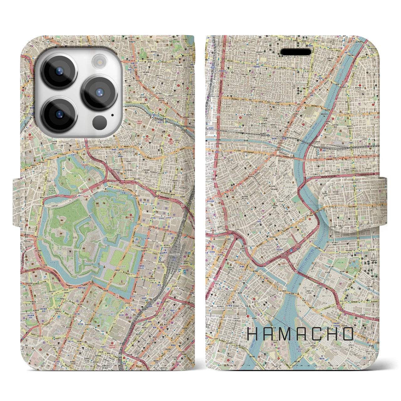【浜町(東京都)】地図柄iPhoneケース(手帳タイプ)ナチュラル・iPhone 14 Pro 用