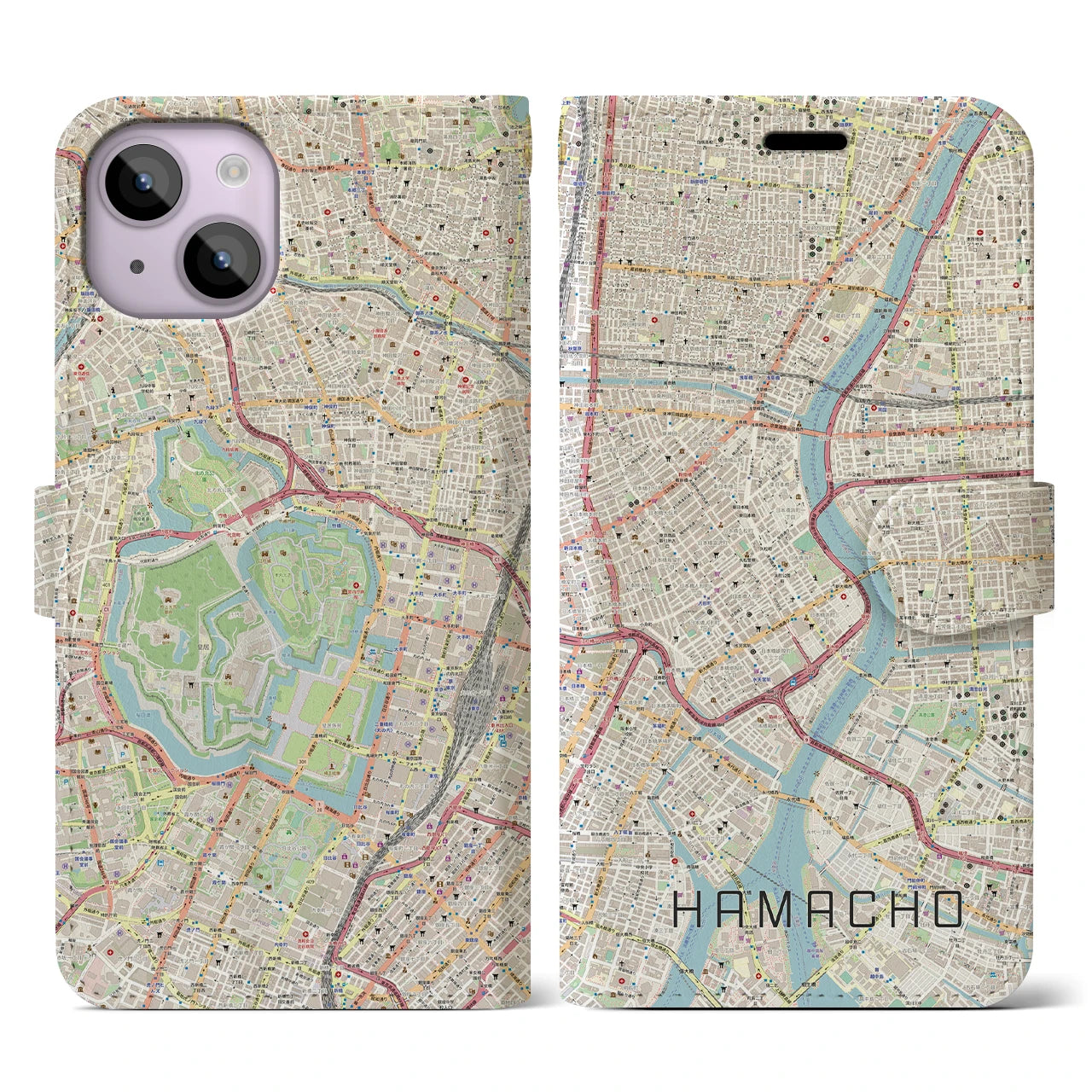 【浜町(東京都)】地図柄iPhoneケース(手帳タイプ)ナチュラル・iPhone 14 用