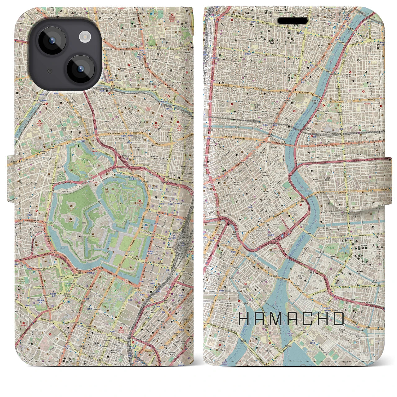【浜町(東京都)】地図柄iPhoneケース(手帳タイプ)ナチュラル・iPhone 14 Plus 用