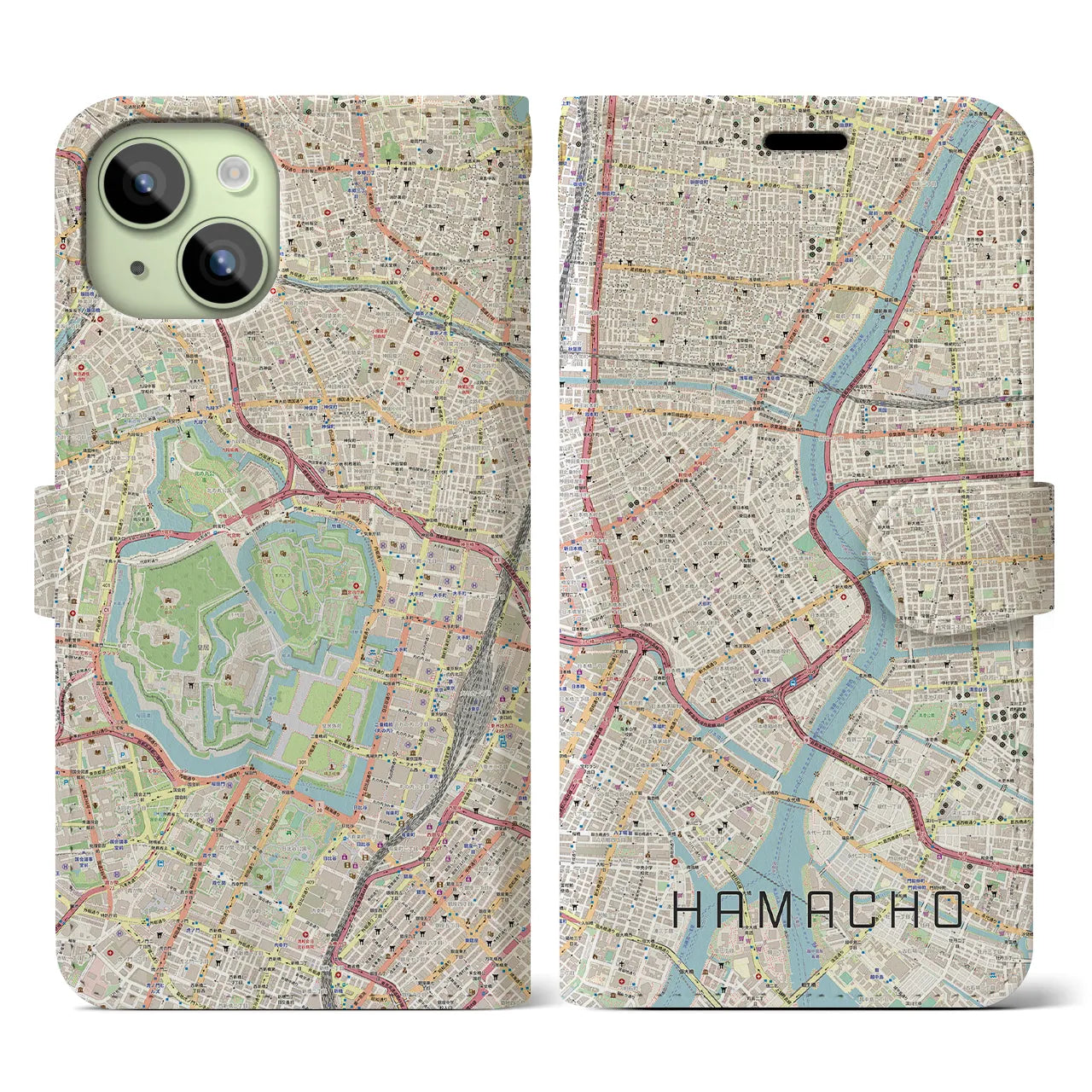 【浜町(東京都)】地図柄iPhoneケース(手帳タイプ)ナチュラル・iPhone 15 用