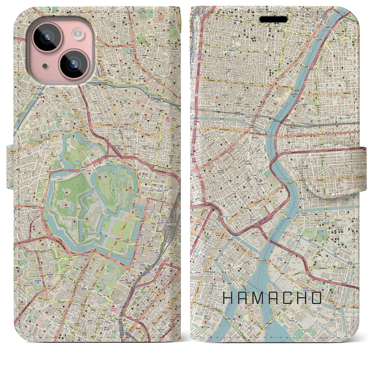 【浜町(東京都)】地図柄iPhoneケース(手帳タイプ)ナチュラル・iPhone 15 Plus 用