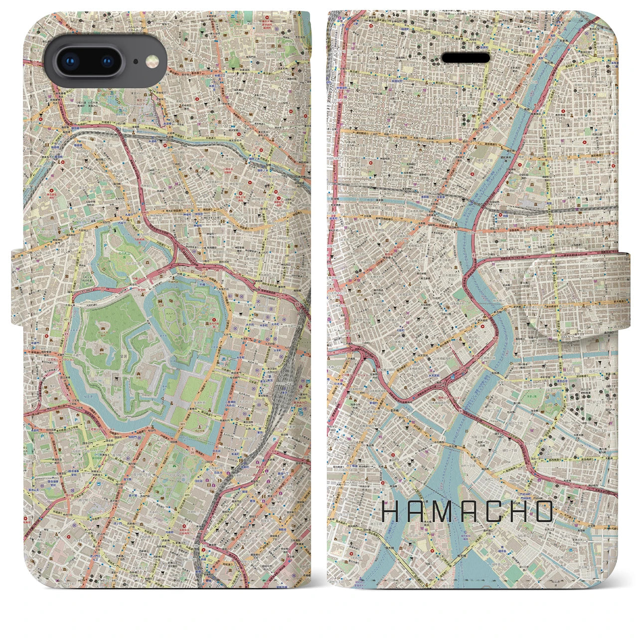 【浜町(東京都)】地図柄iPhoneケース(手帳タイプ)ナチュラル・iPhone 8Plus /7Plus / 6sPlus / 6Plus 用