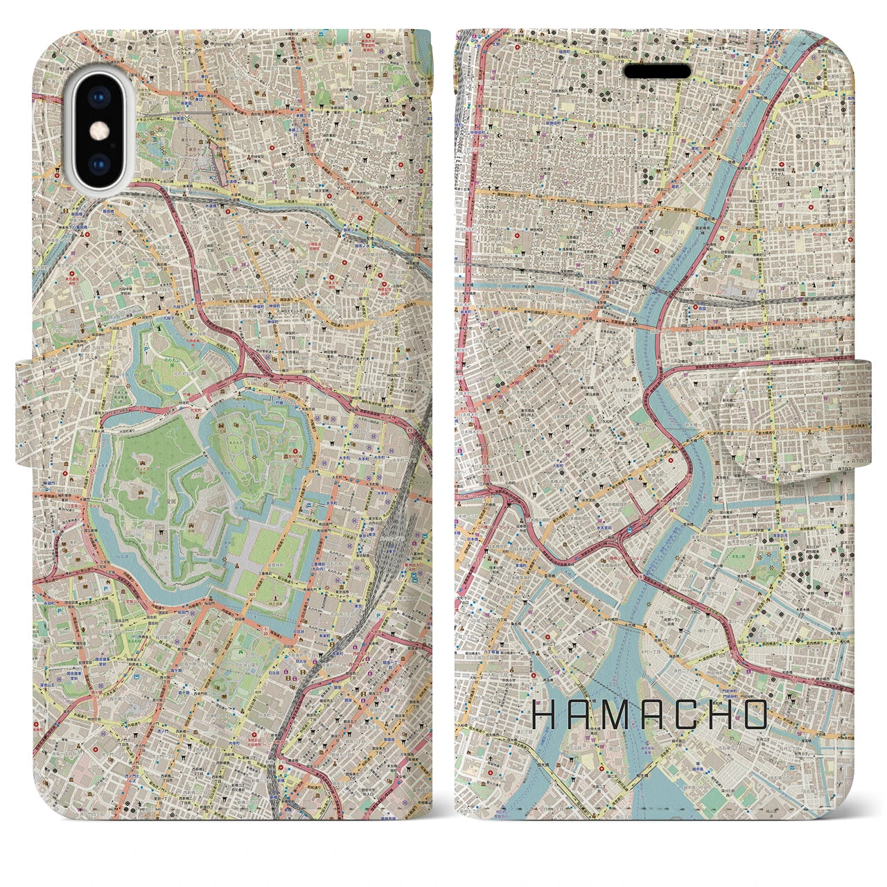 【浜町(東京都)】地図柄iPhoneケース(手帳タイプ)ナチュラル・iPhone XS Max 用
