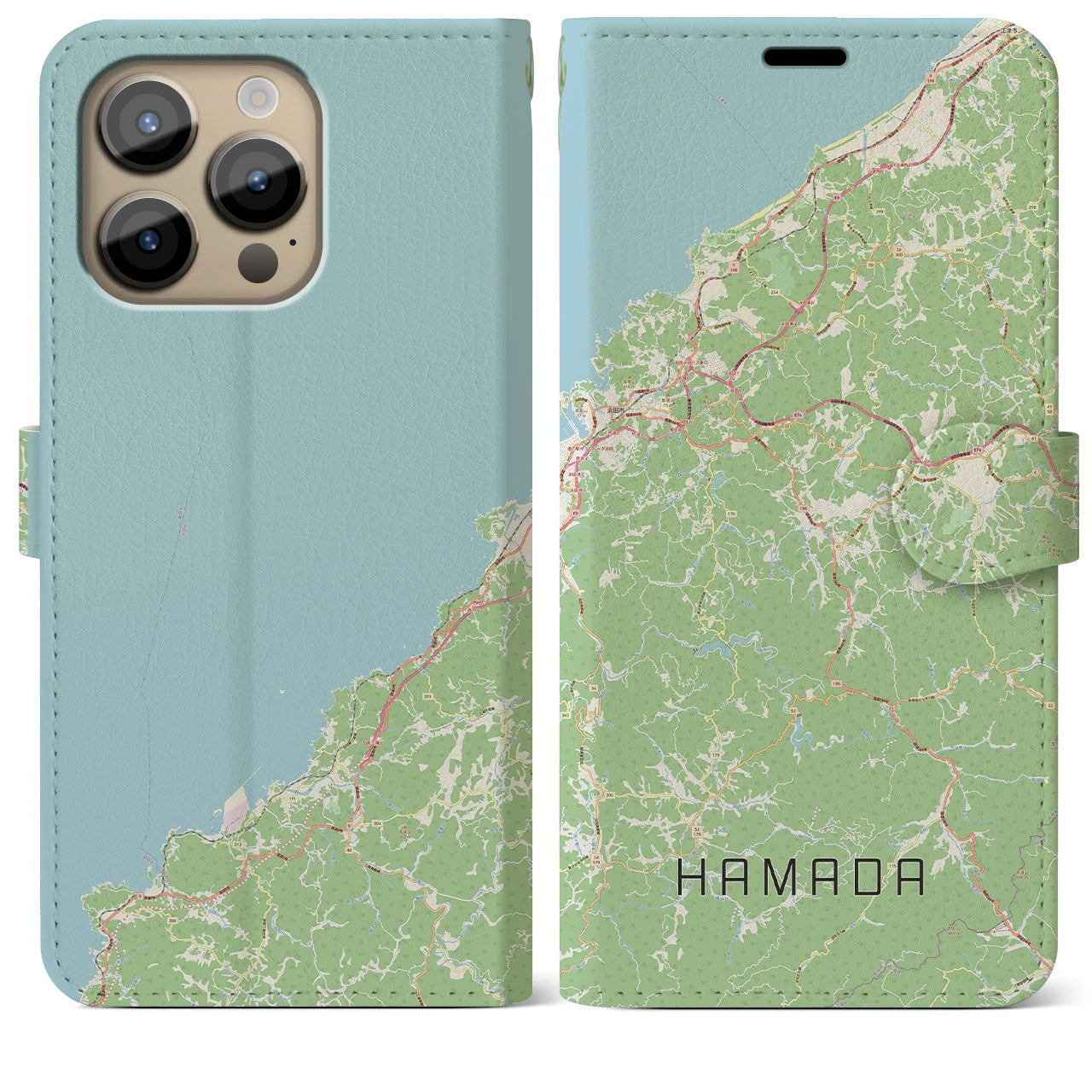 【浜田(島根県)】地図柄iPhoneケース(手帳タイプ)ナチュラル・iPhone 14 Pro Max 用