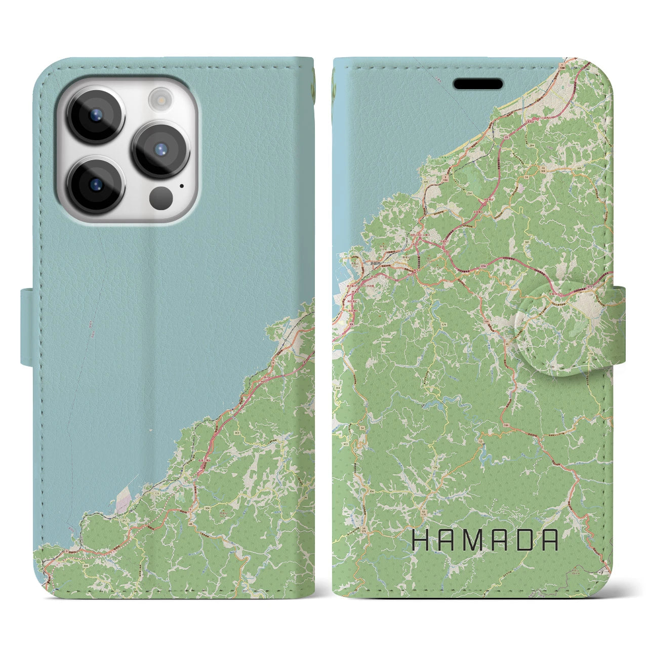 【浜田(島根県)】地図柄iPhoneケース(手帳タイプ)ナチュラル・iPhone 14 Pro 用
