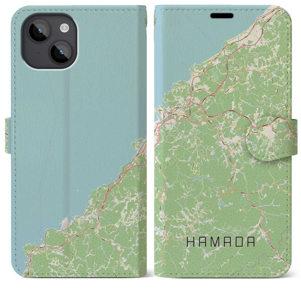 【浜田(島根県)】地図柄iPhoneケース(手帳タイプ)ナチュラル・iPhone 14 Plus 用