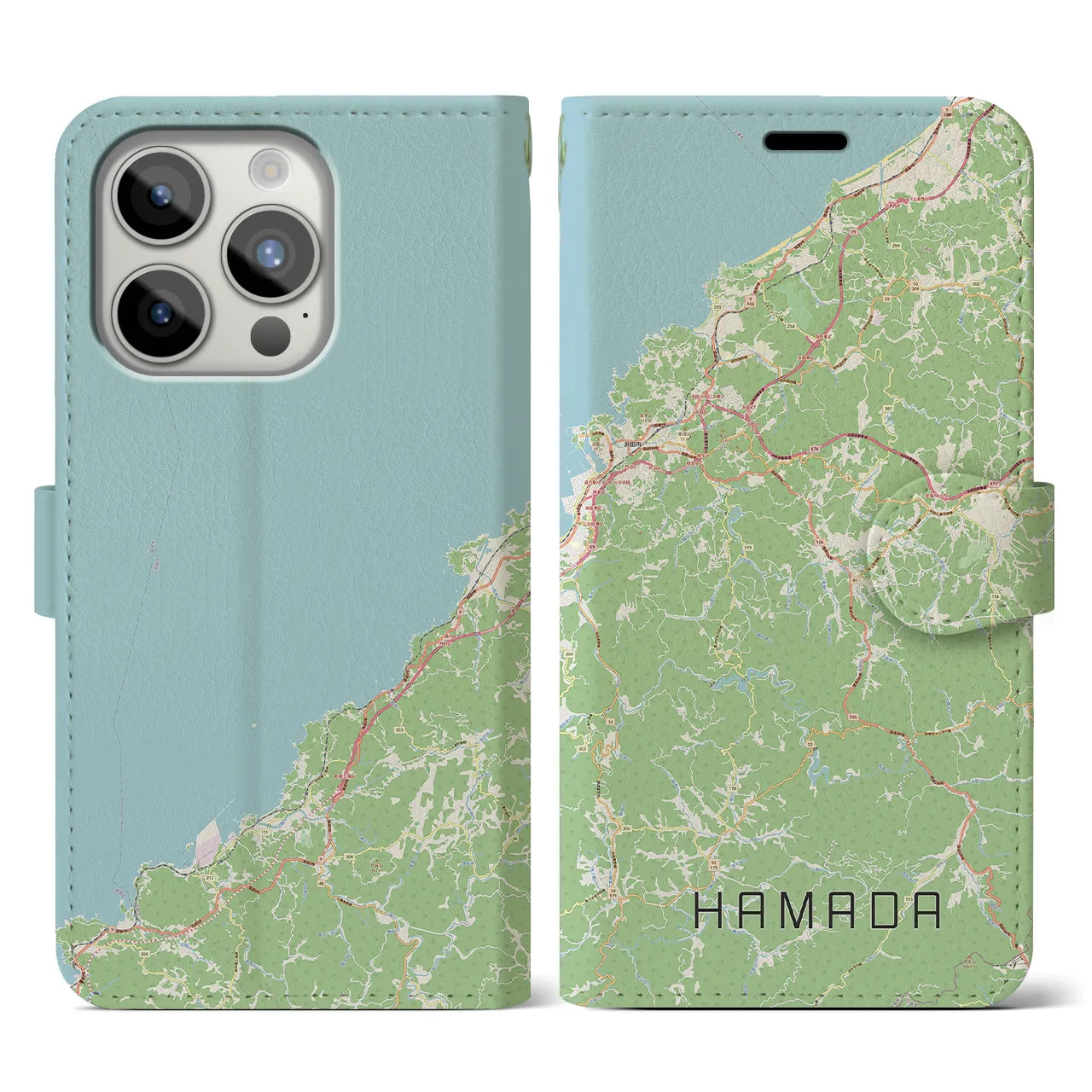 【浜田(島根県)】地図柄iPhoneケース(手帳タイプ)ナチュラル・iPhone 15 Pro 用