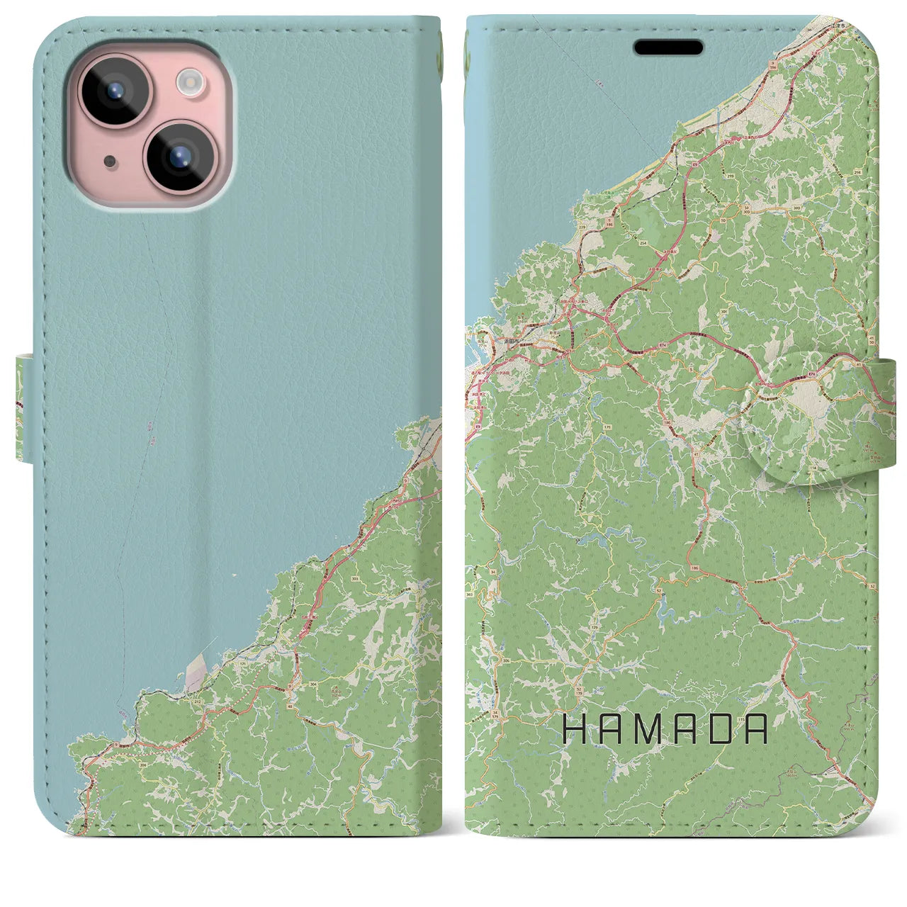 【浜田(島根県)】地図柄iPhoneケース(手帳タイプ)ナチュラル・iPhone 15 Plus 用