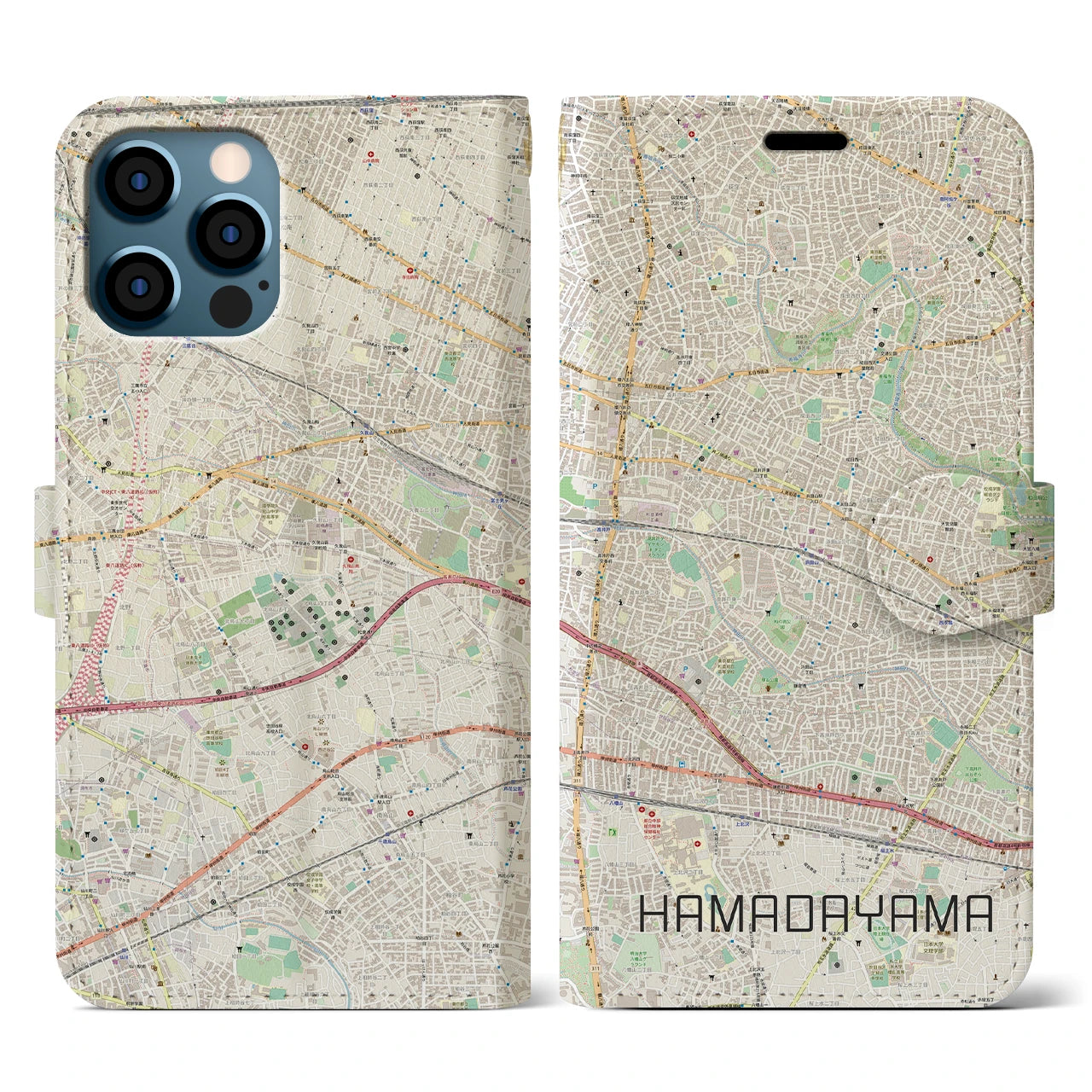 【浜田山(東京都)】地図柄iPhoneケース(手帳タイプ)ナチュラル・iPhone 12 / 12 Pro 用