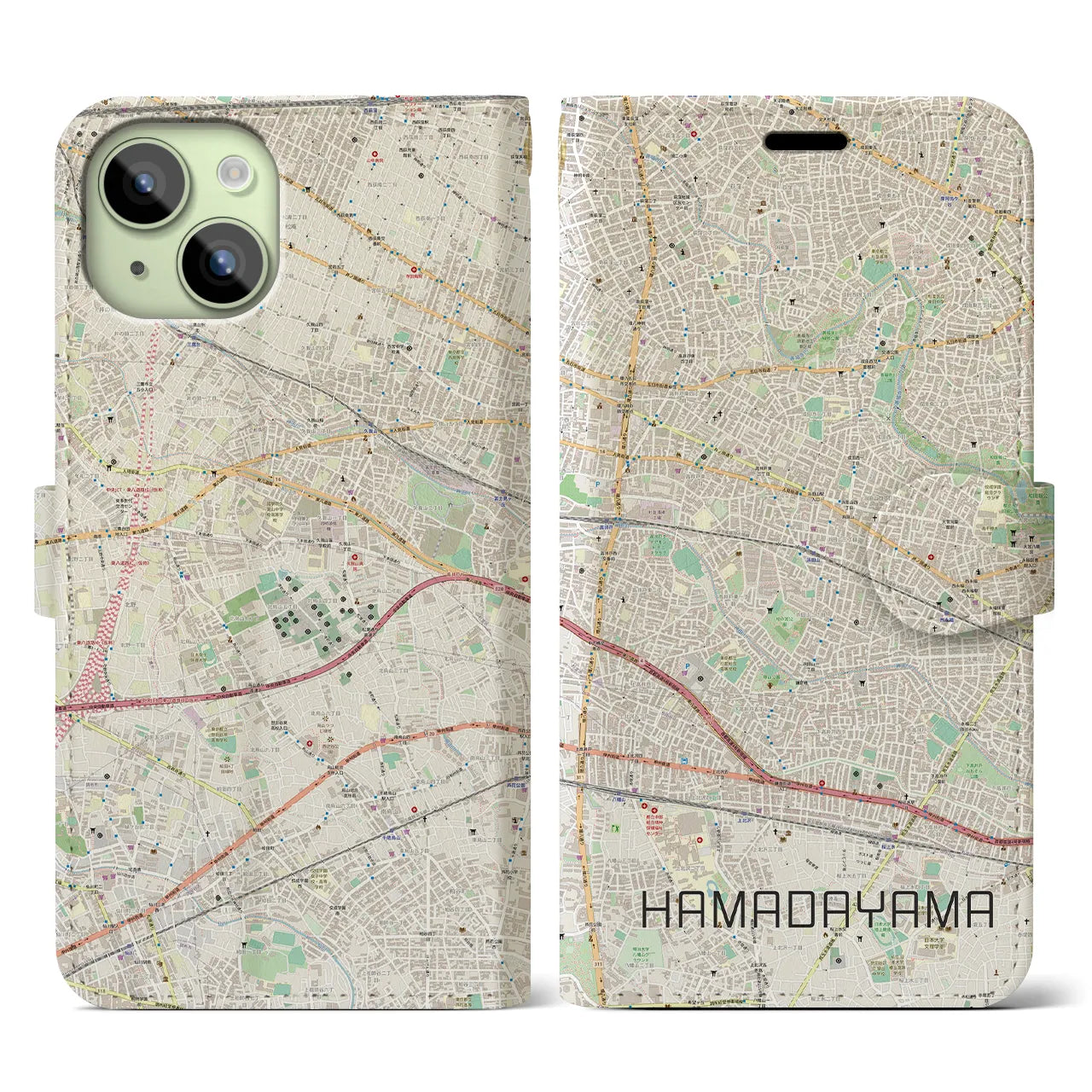 【浜田山(東京都)】地図柄iPhoneケース(手帳タイプ)ナチュラル・iPhone 15 用