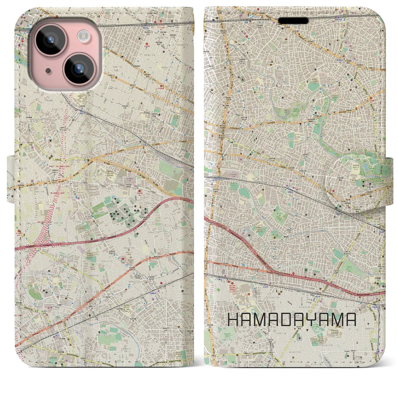 【浜田山(東京都)】地図柄iPhoneケース(手帳タイプ)ナチュラル・iPhone 15 Plus 用