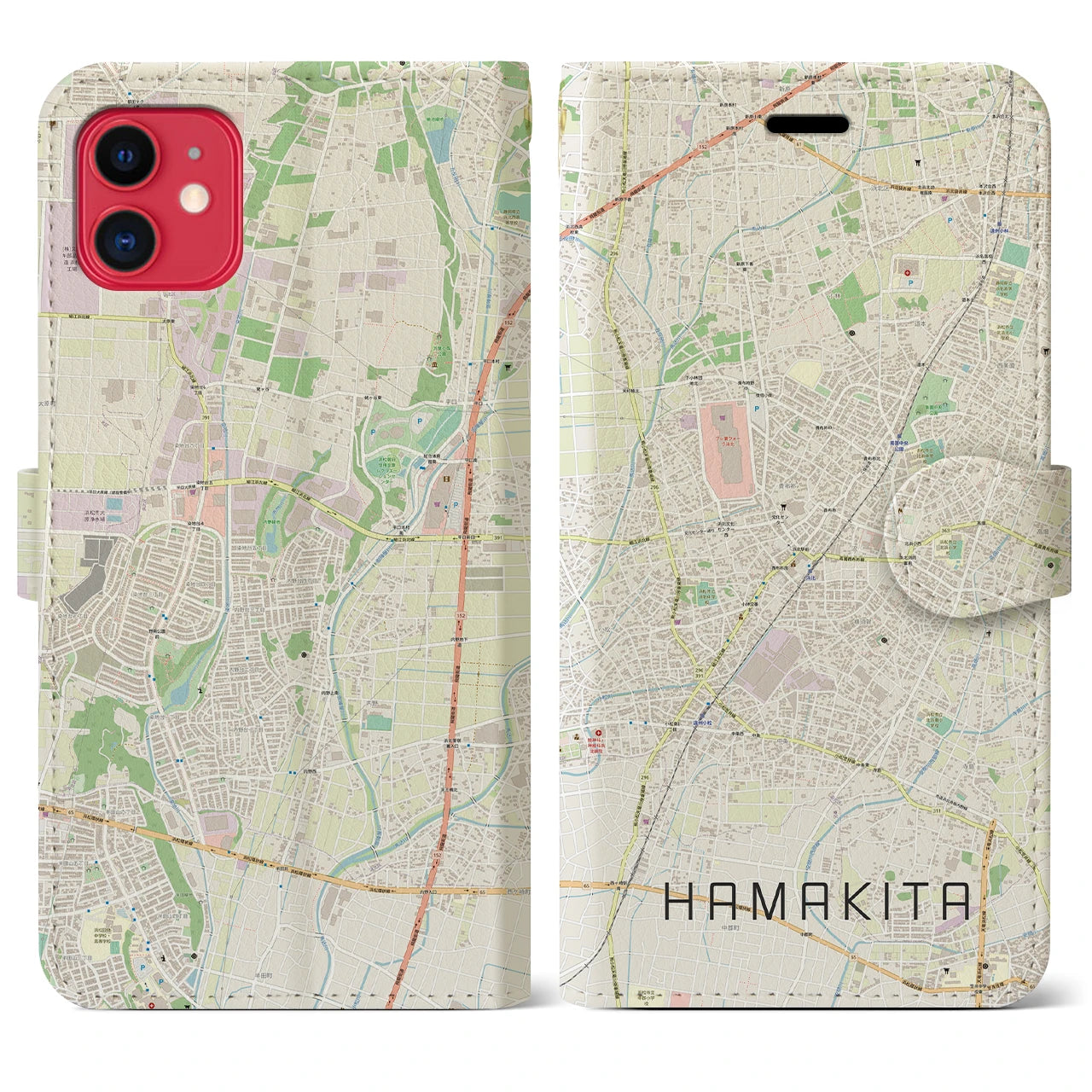 【浜北(静岡県)】地図柄iPhoneケース(手帳タイプ)ナチュラル・iPhone 11 用