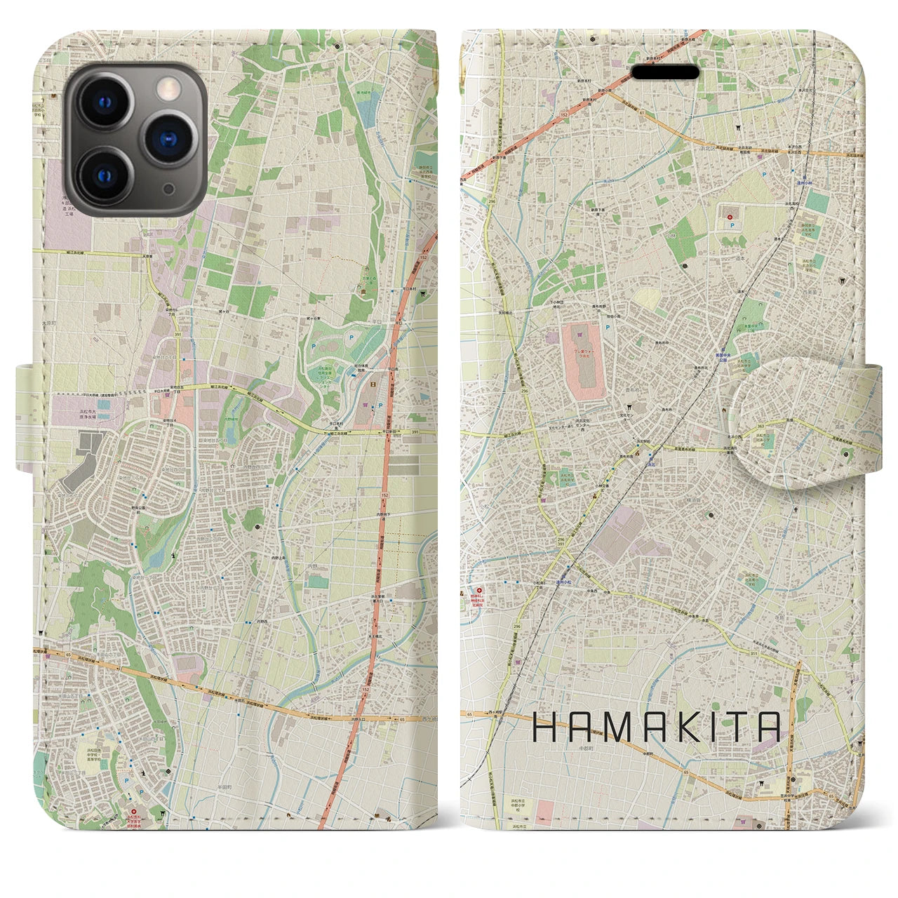 【浜北(静岡県)】地図柄iPhoneケース(手帳タイプ)ナチュラル・iPhone 11 Pro Max 用