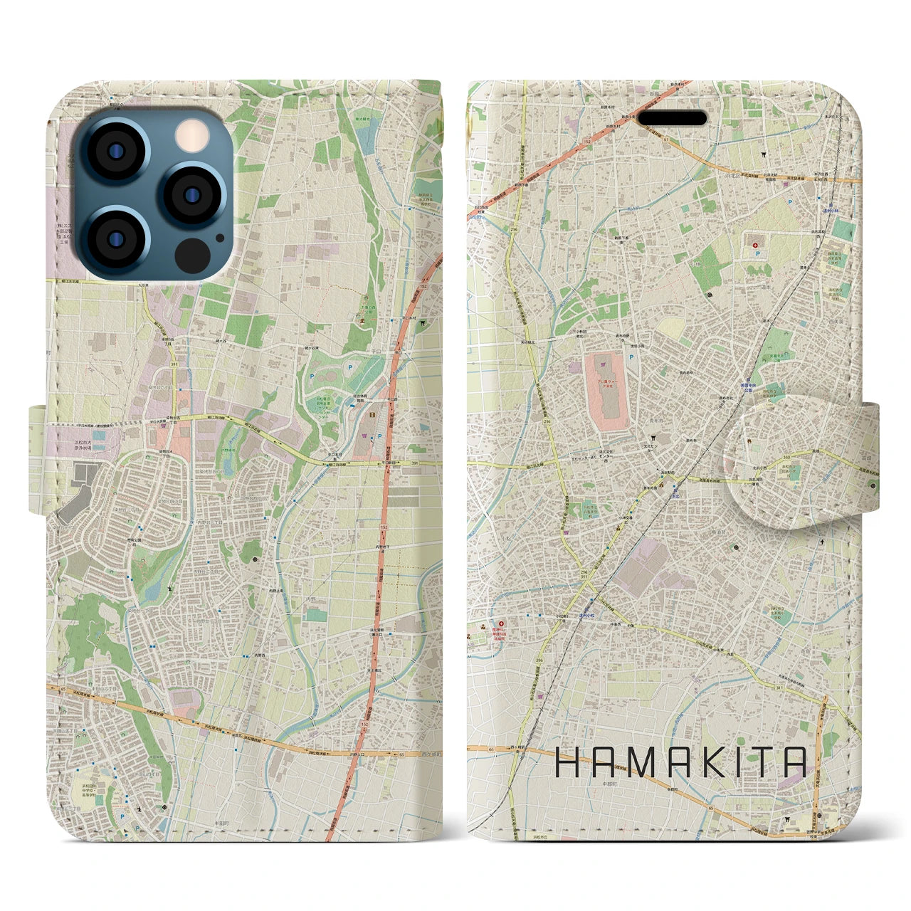 【浜北(静岡県)】地図柄iPhoneケース(手帳タイプ)ナチュラル・iPhone 12 / 12 Pro 用