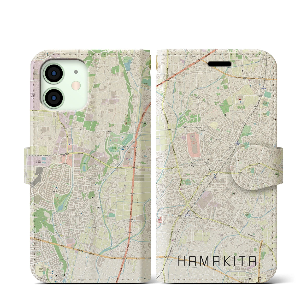 【浜北(静岡県)】地図柄iPhoneケース(手帳タイプ)ナチュラル・iPhone 12 mini 用