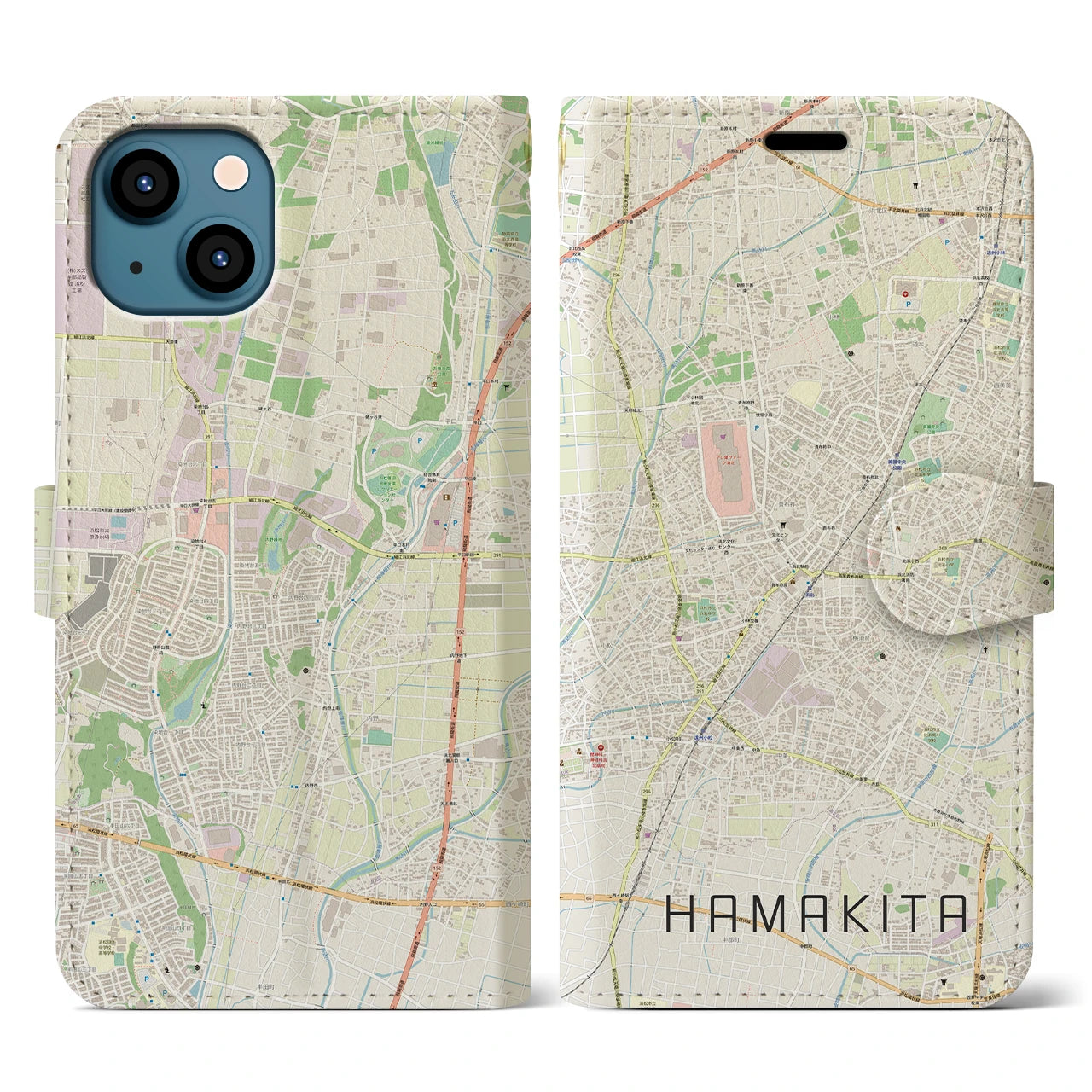 【浜北(静岡県)】地図柄iPhoneケース(手帳タイプ)ナチュラル・iPhone 13 用