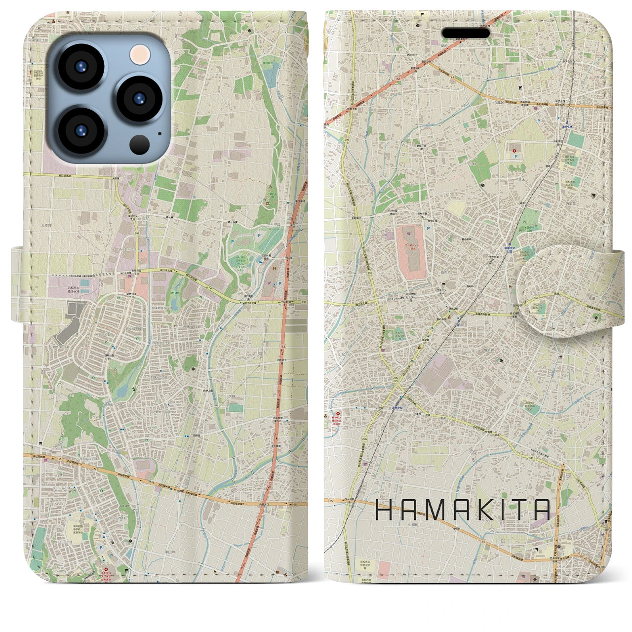 【浜北(静岡県)】地図柄iPhoneケース(手帳タイプ)ナチュラル・iPhone 13 Pro Max 用