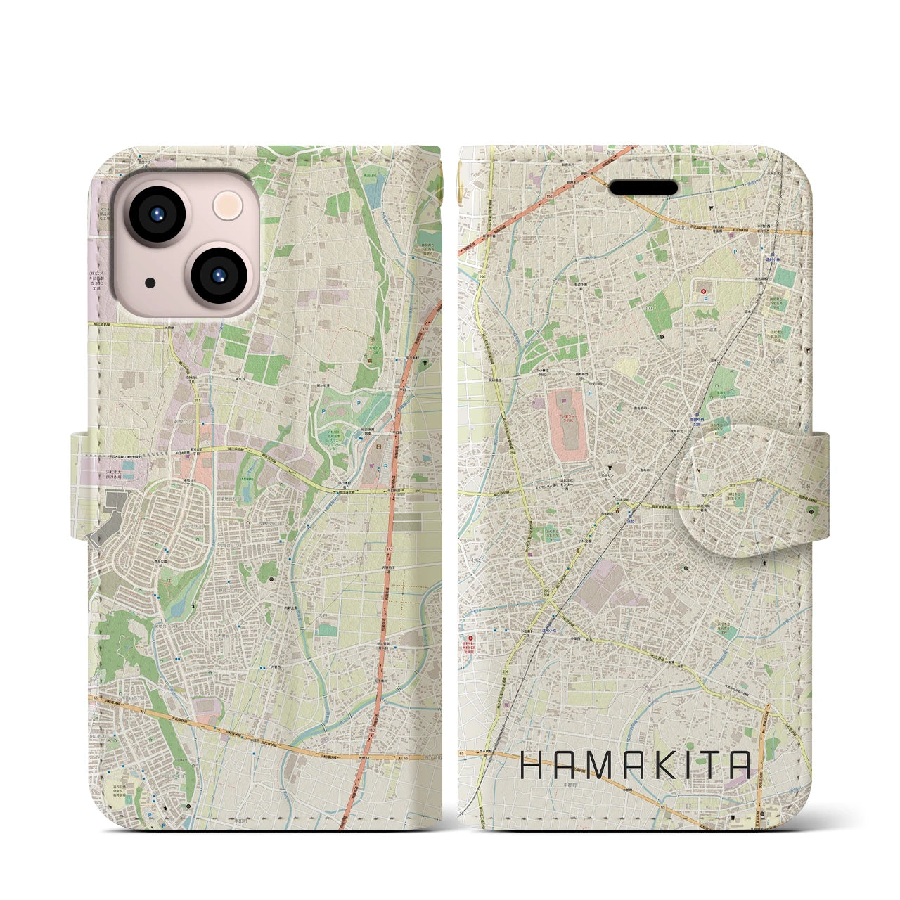 【浜北(静岡県)】地図柄iPhoneケース(手帳タイプ)ナチュラル・iPhone 13 mini 用
