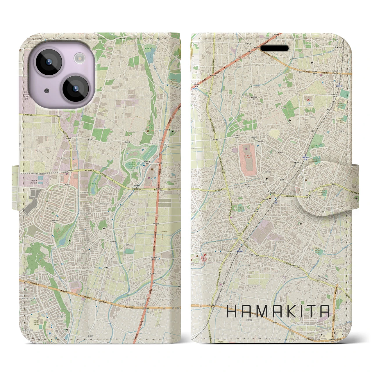 【浜北(静岡県)】地図柄iPhoneケース(手帳タイプ)ナチュラル・iPhone 14 用
