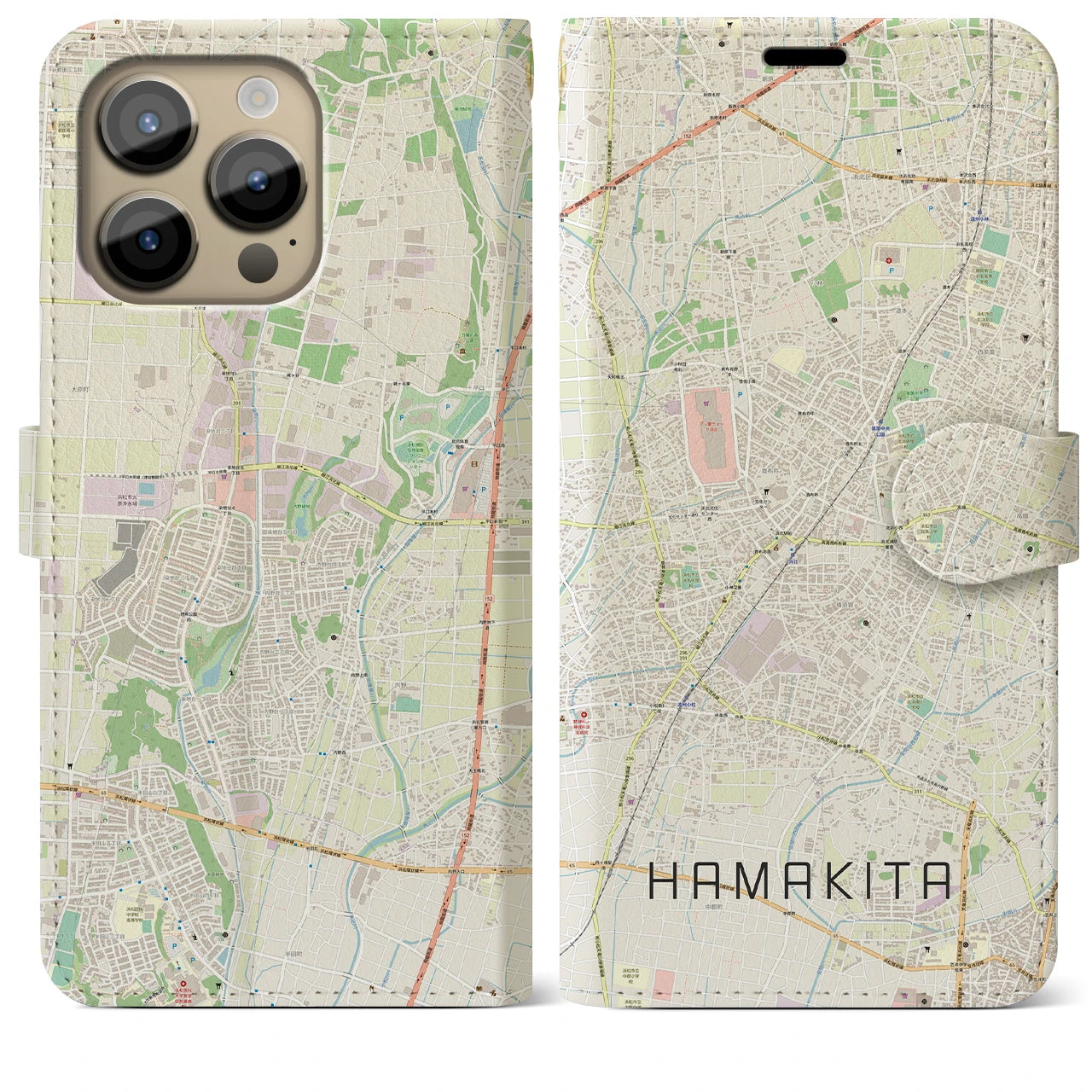 【浜北(静岡県)】地図柄iPhoneケース(手帳タイプ)ナチュラル・iPhone 14 Pro Max 用