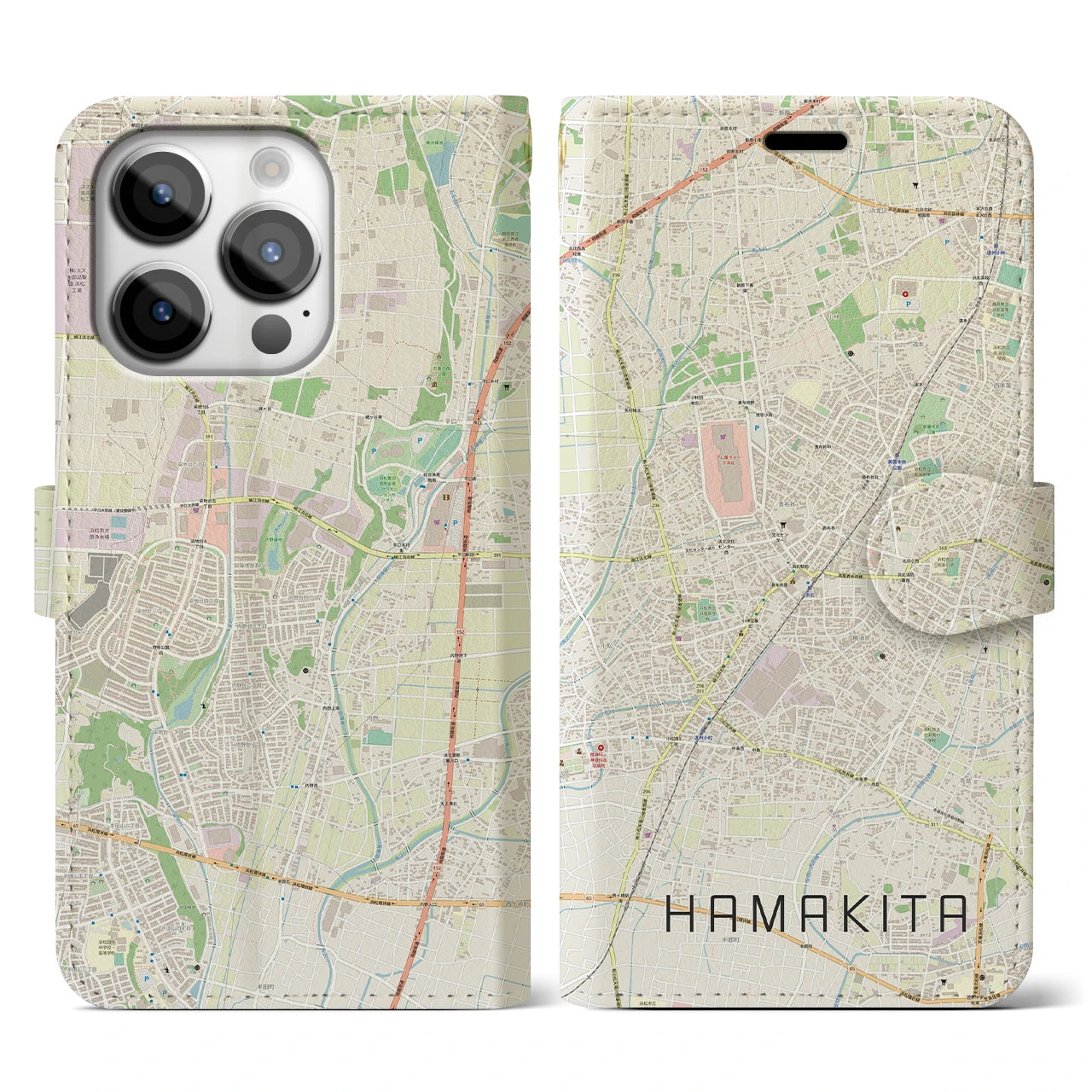 【浜北(静岡県)】地図柄iPhoneケース(手帳タイプ)ナチュラル・iPhone 14 Pro 用