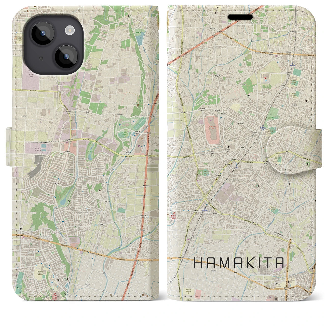 【浜北(静岡県)】地図柄iPhoneケース(手帳タイプ)ナチュラル・iPhone 14 Plus 用